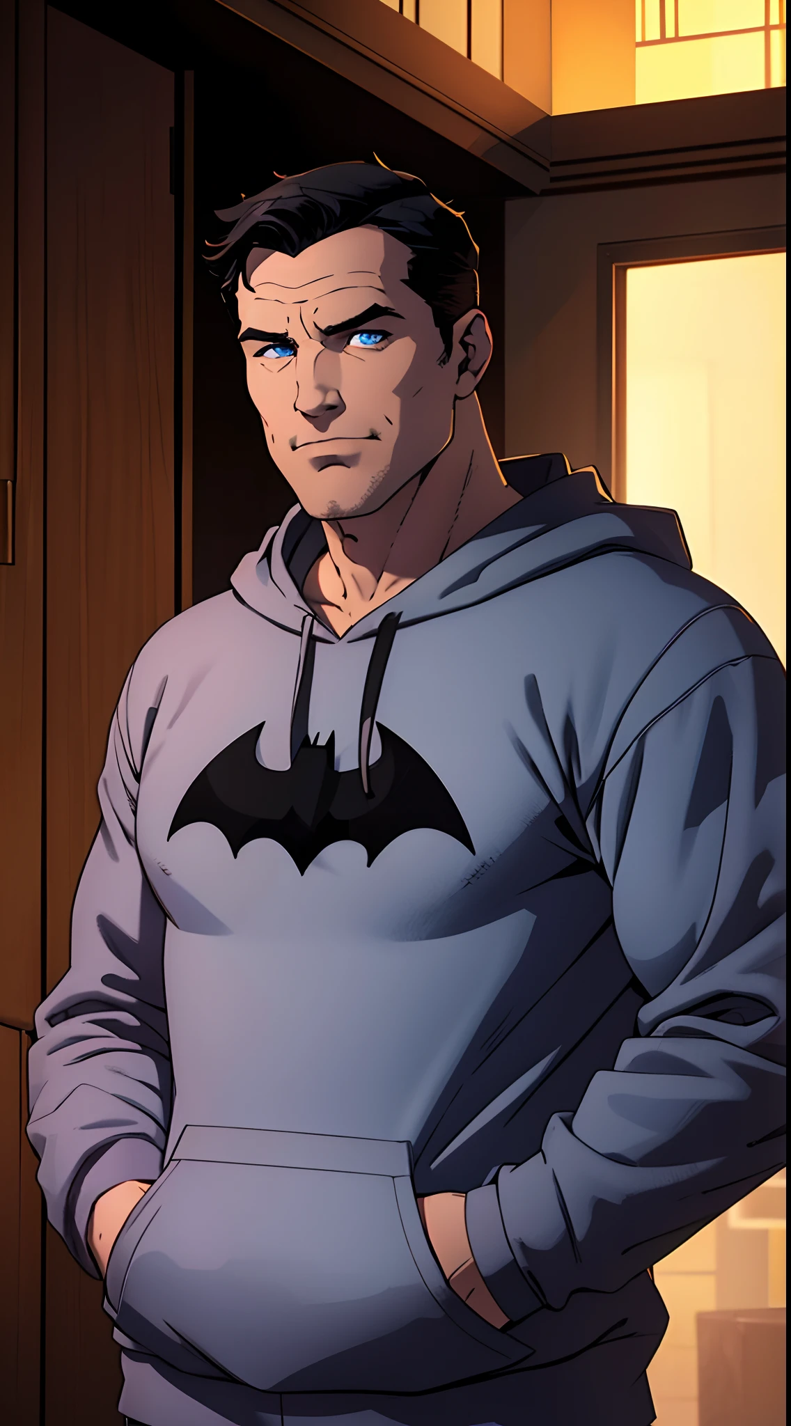 1 man, Bruce Wayne (Batman), muscular male, daddy, large pectorals, male focus, middle-aged man, black hair, short hair, blue eyes, smirks, face focus, black hoodie, hands in pocket, upper body shot, skycrapers, indoors, ((masterpiece)), nightime
