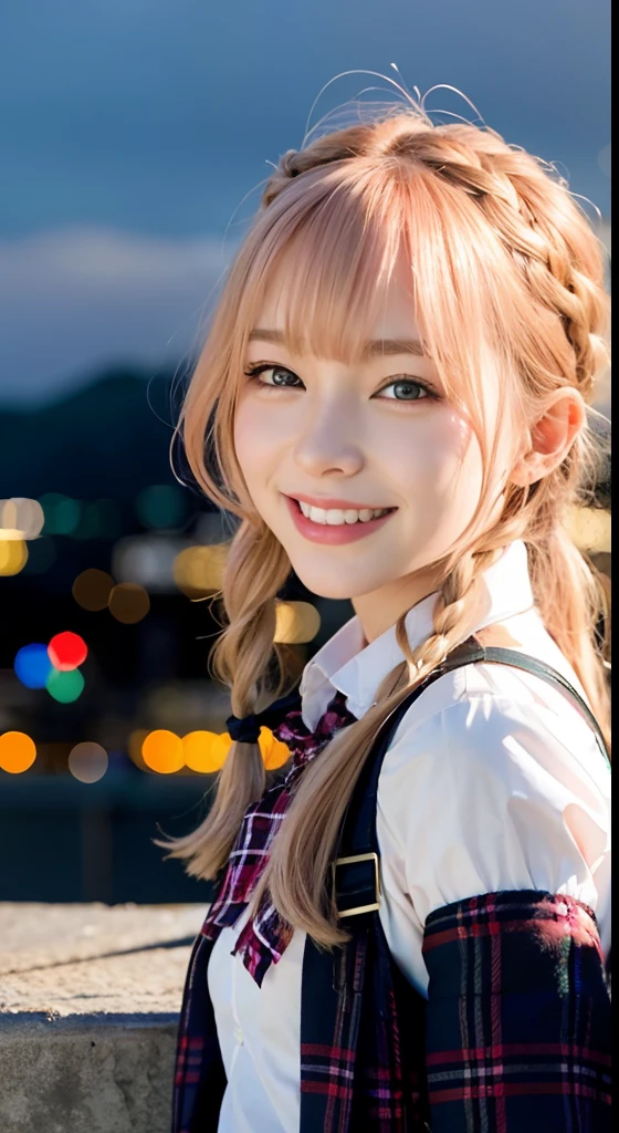 (ultra-detailliert), Tartan check jacket,high-school uniform、Blue eyes,The upper part of the body、a closeup、faces、(A smile:1.5),(facing front:1.2), 20yr old, teens girl,no tail,(no tail),2D, masterpiece, top-quality, animesque, A detailed eye, A detailed face, girl with, Only 1 person,Medium hair with pink hair, (Golden hair), Ear Hair, small tits, Single braid, (Single braid), (Side braid), Golden Ribbon, Ribbon around the neck, Background of big city at night