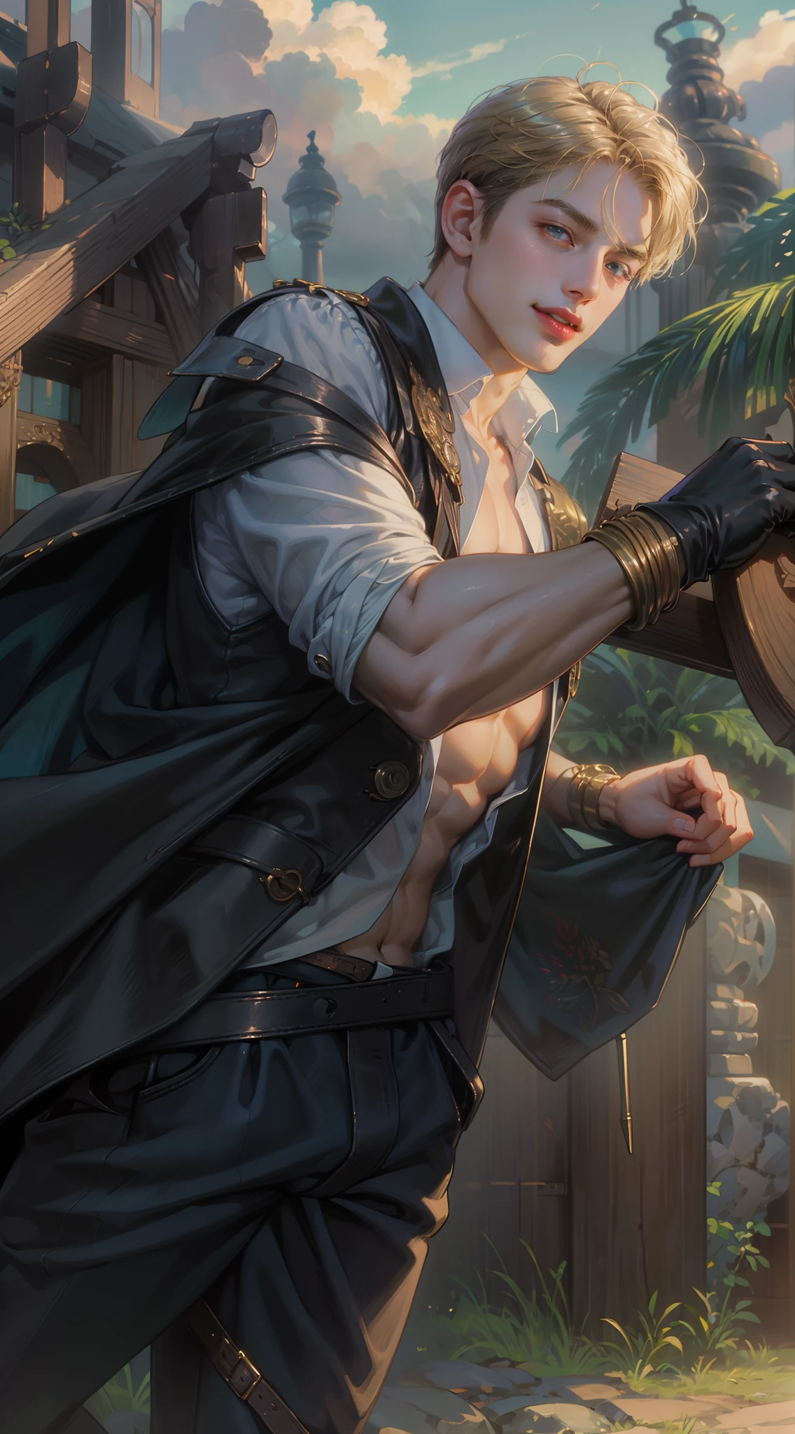 (((Image quality: 1.5, 8k photo, Sharp image: 1.5, Super detailed image, Super HD photo))), 1 man, (male model) hot skin, masterpiece, best qualities, most handsome man in the world, by Tham Quan, perfect body, beautiful male model, (light blonde hair), an attractive man 18-20 years old aesthetic, summer, white sand beach, (blue ocean water), clear blue sky, trees, coconut trees, blue sky, white clouds, rugged and handsome young man in transparent white shirt, transparent black fabric, shoulder jacket shirtless, chest muscles exposed, thighs exposed, ((transparent white briefs exposed)), (male focus), (smooth body)), smile, super cute, dynamic, cool pose and seductive, dramatic lighting, full body shot, full body shot, young face, full body, hairless body, tall and thin, well-proportioned body, outstanding, white or fair skin, Young face, Toned body, Hd, Natural skin tone, soft lighting, Highly detailed, Looking at audience, photography, Detailed skin, real people, realistic, realistic optics, Crazy details, Details facial detail, Maximize exaggeration, Exaggerated surrealism, film, tele, light complex detail, High detail, High detail, Digital painting, artstation, concept art, smooth focus, sharp, illustrated, Unreal Engine 5, 8K, art by Ross Tran and Greg Rutkowski and Alphonse Mucha, UHD, 8k, Show just for men .8k Ultra HD, DSLR, dim lighting, high quality, film grain, Fujifilm XT3, male fan, 2 person model.