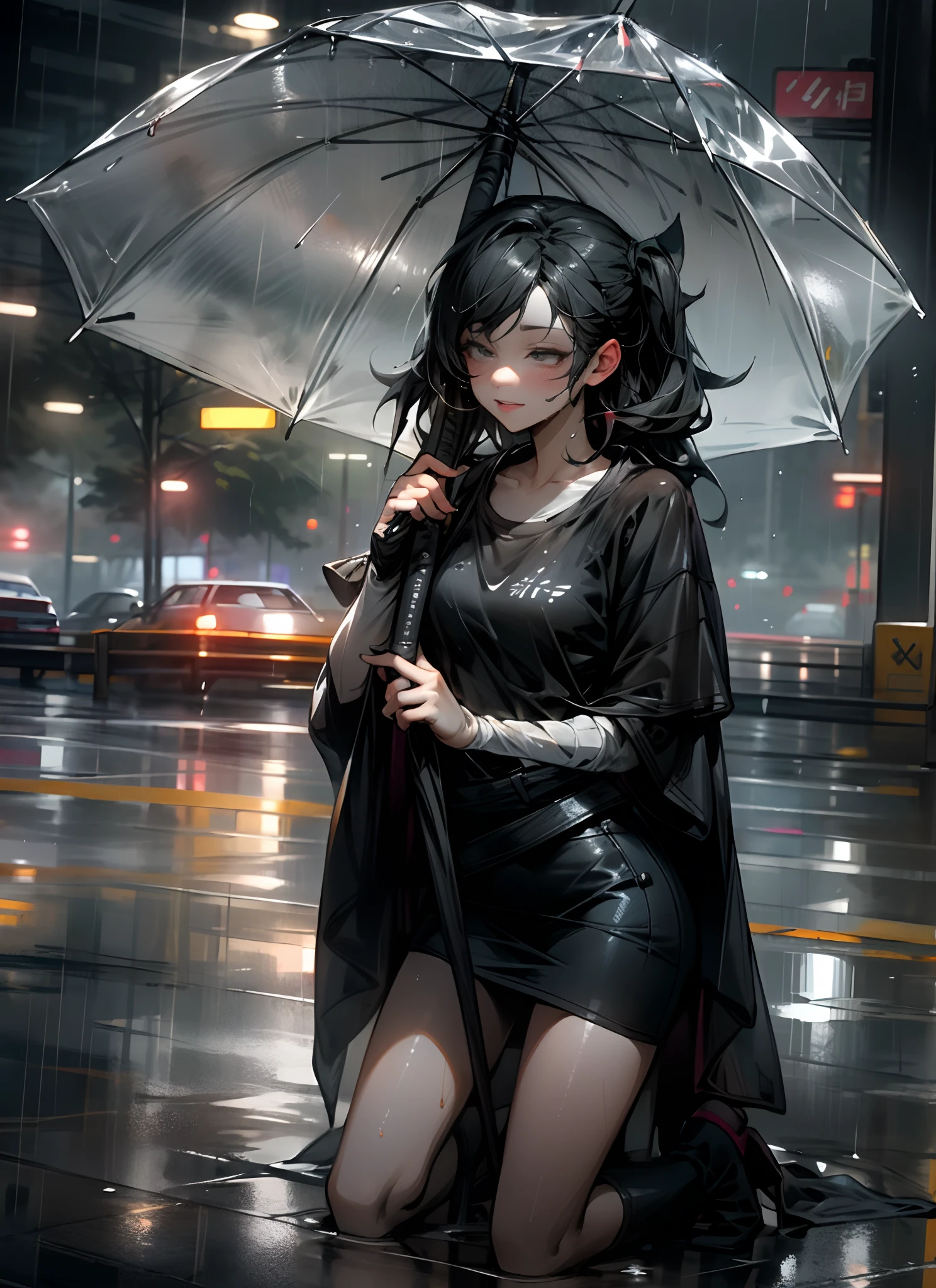 Woman kneeling on the ground in the rain, It just rained, After the rain, Soaked, Drenched Body, wet tshirt, after rainny, Wet shirt, pretty girl standing in the rain, high definition cgsociety, Guviz, korean women's fashion model, after rain and no girls, wash off in the rain, Wet look, ff Tifa