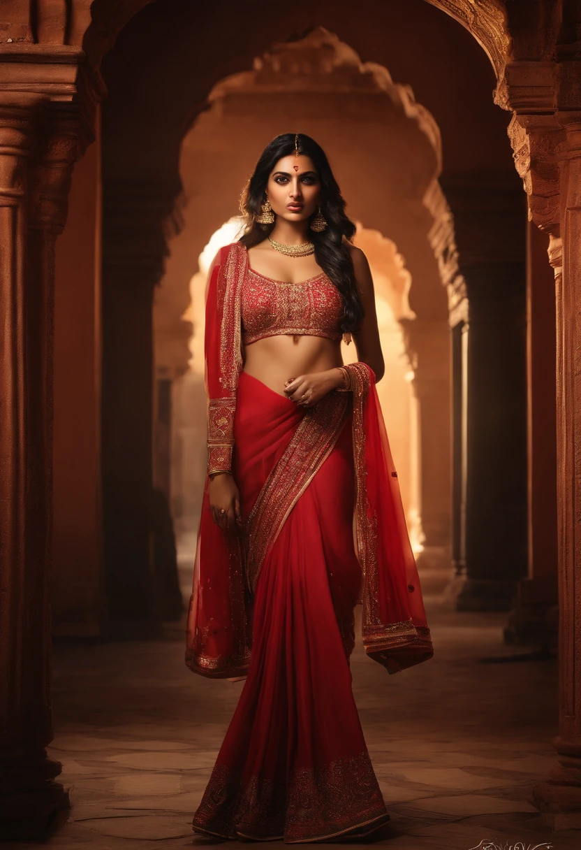 portrait of a Glamorous Bollywood (Indian woman:1.4) model, exposed tits, kkw-ph1 (1girl, (dark, darkness), cinematic lighting) BREAK photorealistic, asymmetry, (full body), masterpiece, HDR, best quality, skin pores, detailed face_and_eyes, realistic human hands, detailed, centerfold, 8k, ((rgb, historical, heritage, ancient), historian), Indian historical site, ancient ruins, cultural heritage, lora:HistoricalJourneyV2:0.8) BREAK photorealistic, historical exploration, HDR, best quality, delving into India's rich past."