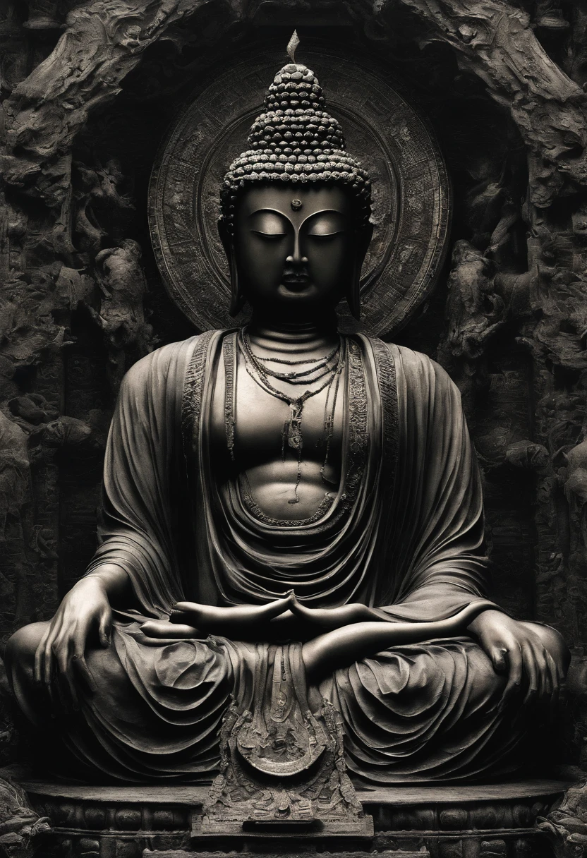 Masterpiece, Best quality, offcial art, 8K wallpaper, Very detailed, A hideous Buddha statue,angry look,All six arms are armed,In the distance is a huge tall Buddha statue,Bodies on the road