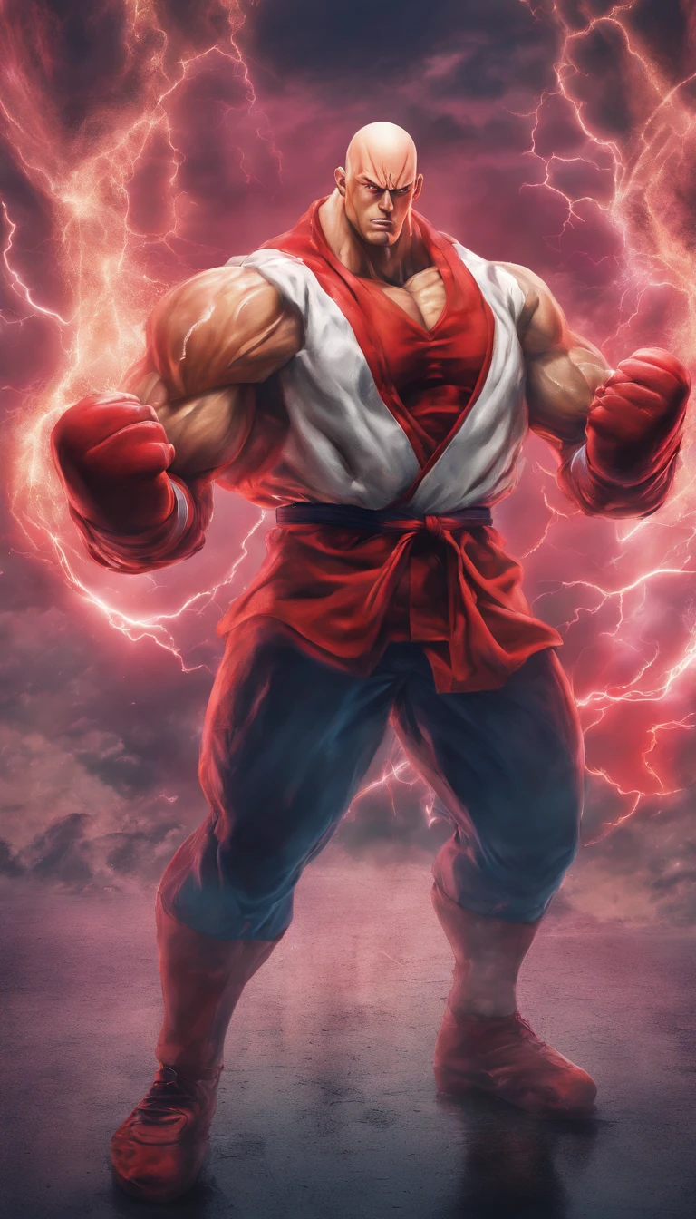 realistic 3d rendering of one punch man Saitama fused captain amerca, surrounded by lightning, big muscular, full body photography, hyperrealistic