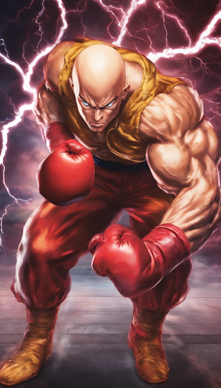 realistic 3d rendering of one punch man Saitama fused captain amerca, surrounded by lightning, big muscular, full body photography, hyperrealistic