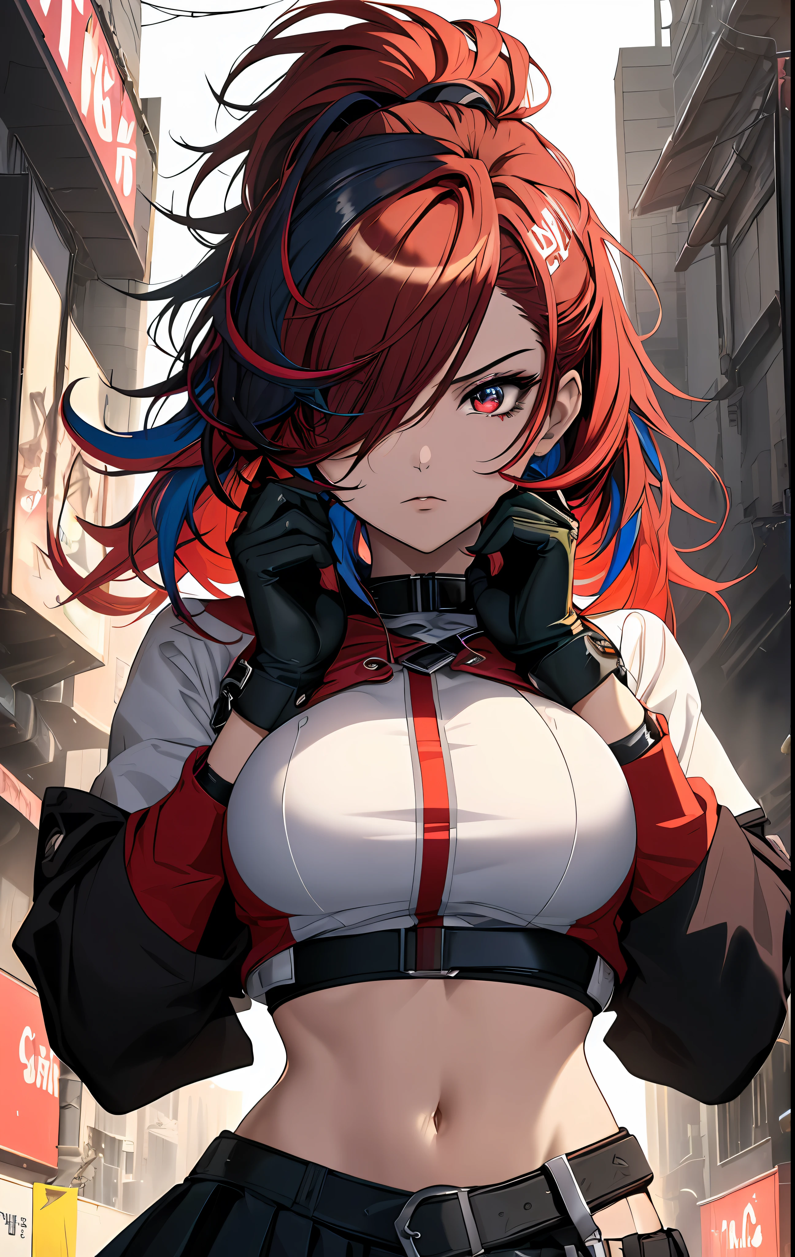 ((((dramatic))), (((gritty))), (((intense))),anime character,1girl,solo,dark red hair,tied up hairstyle, wearing gloves,wearing a crop top,wearing a skirt, modern art,hair covering eye's,, beautiful face, beautiful eye's, vibrant colors, night, highest quality digital art, official art, multiple colors, vibrant colors, absolutely stunning eye's, Stunning art, wallpaper 4k,8k,64k, HD, unparalleled masterpiece, dynamic lighting, cinematic, epic
