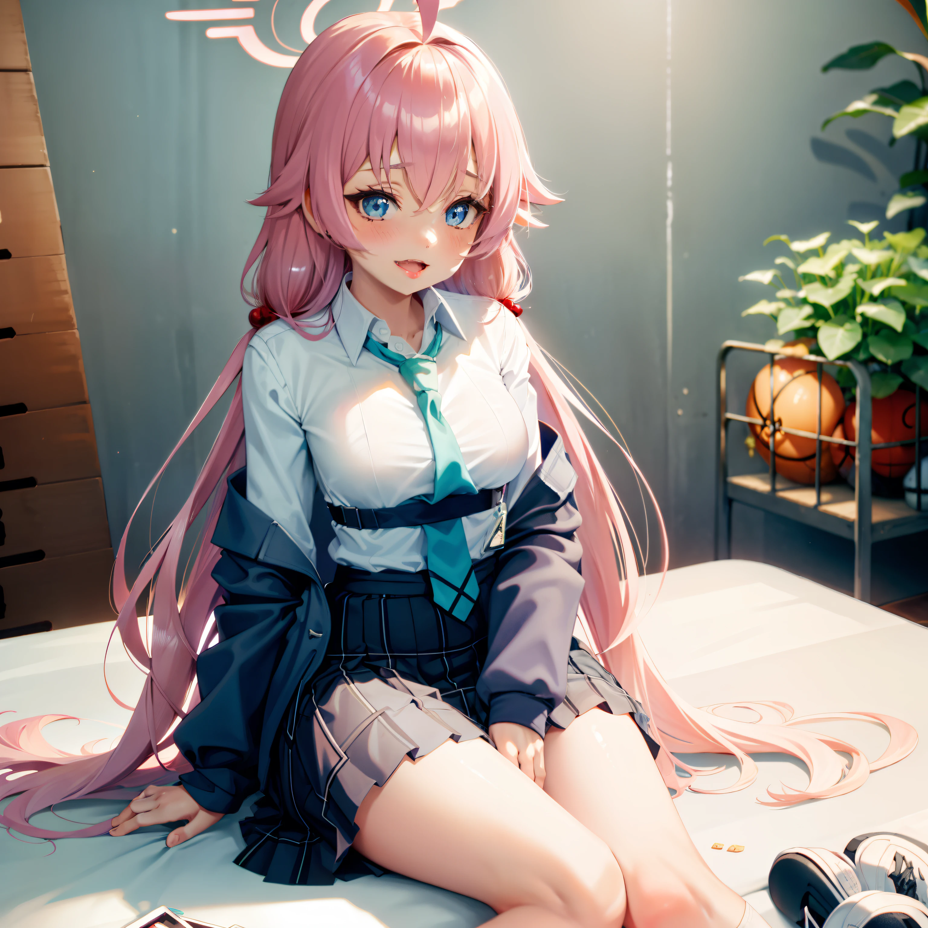 one-girl, Blue gradient clothes, white skirt, White skin, naked leg, The barefoot, Blue and pink hair, long whitr hair, Bow knot, Big blue eyes, Delicate facial features,Messy room, book, a chair, desks, window, dolls, janelas, Anime style, Chiaroscuro, Cinematic lighting, color difference, hyper HD, ccurate, Super detail, High details, Best quality