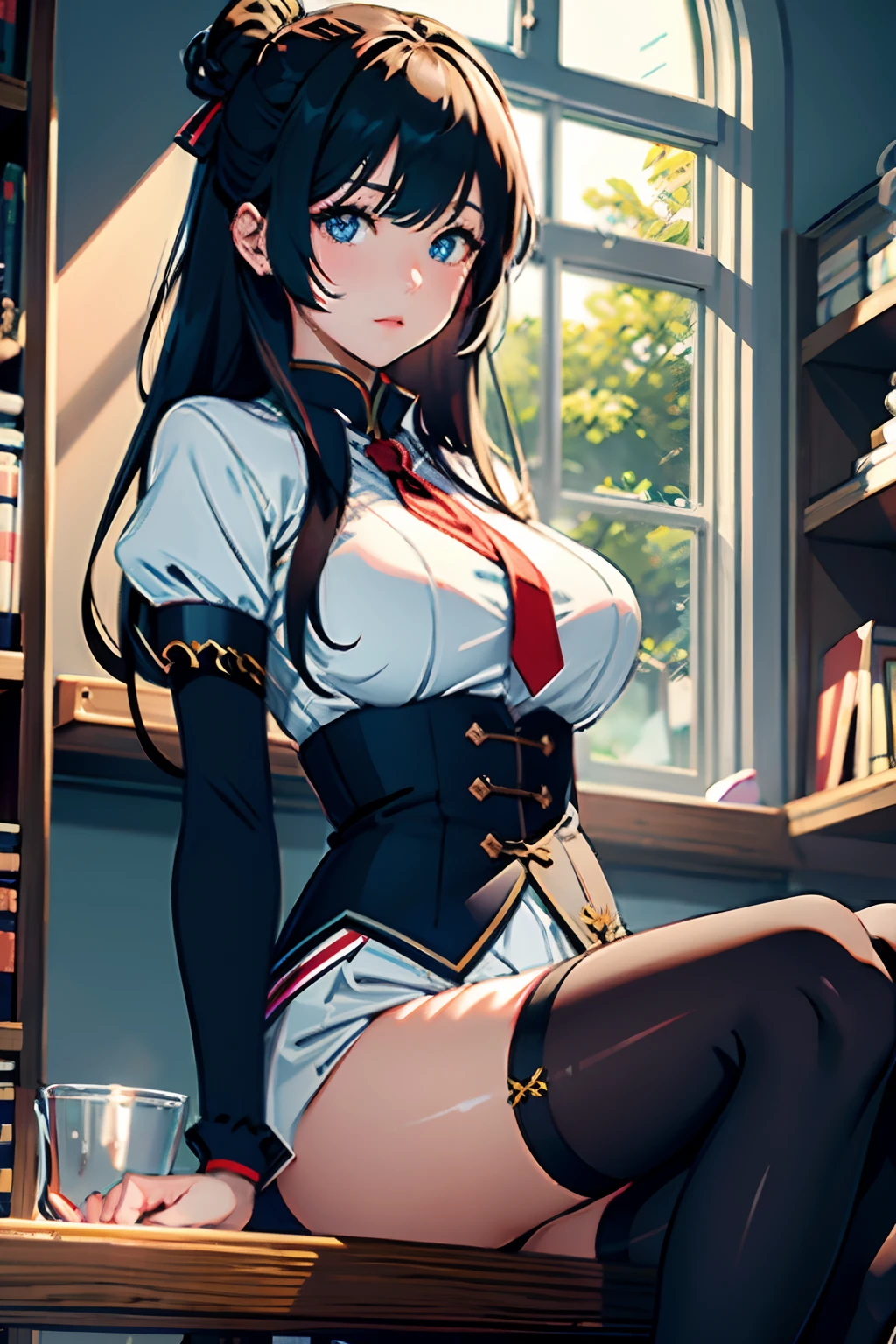 (the Extremely Detailed CG Unity 8K Wallpapers)、top-quality、独奏、1girl in、细致背景、beatiful detailed eyes、Bright pupils、(extremely delicate and beautiful)、(Beautiful and detailed eyes description)、ultra-detailliert、masterpiece、))、Colossal tits、atlibrary、Sitting、Stockings