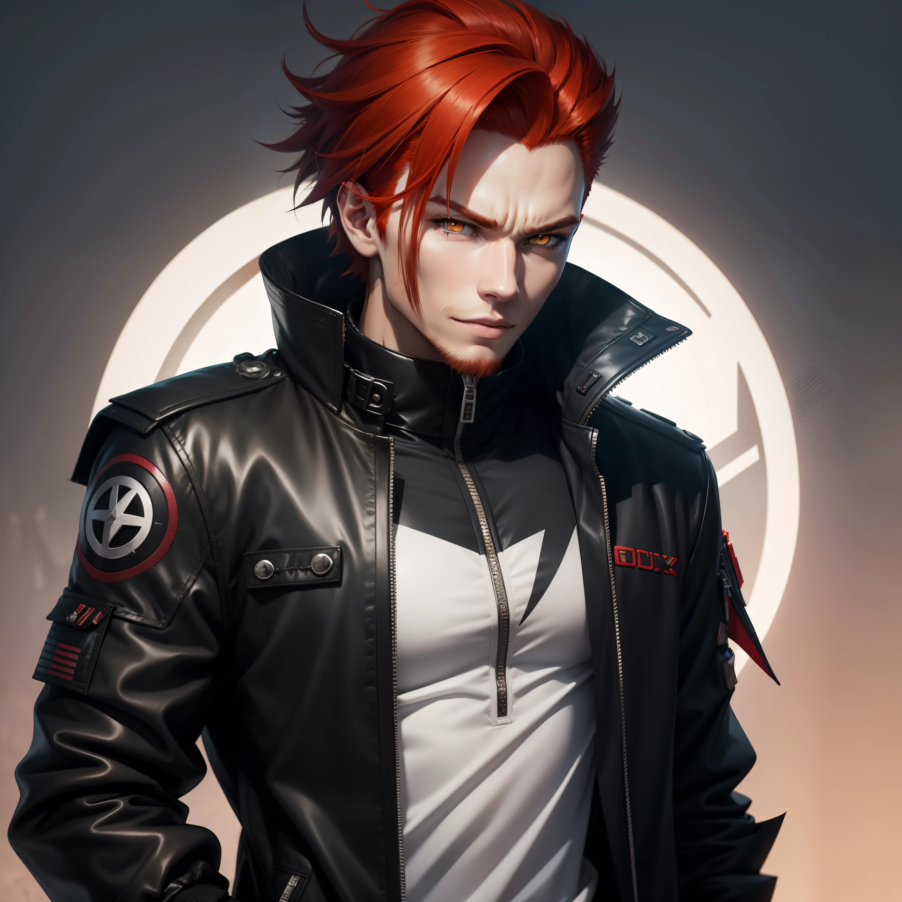 Anime styled wolf boy sidecut redhead smirking black jacket badass clothing