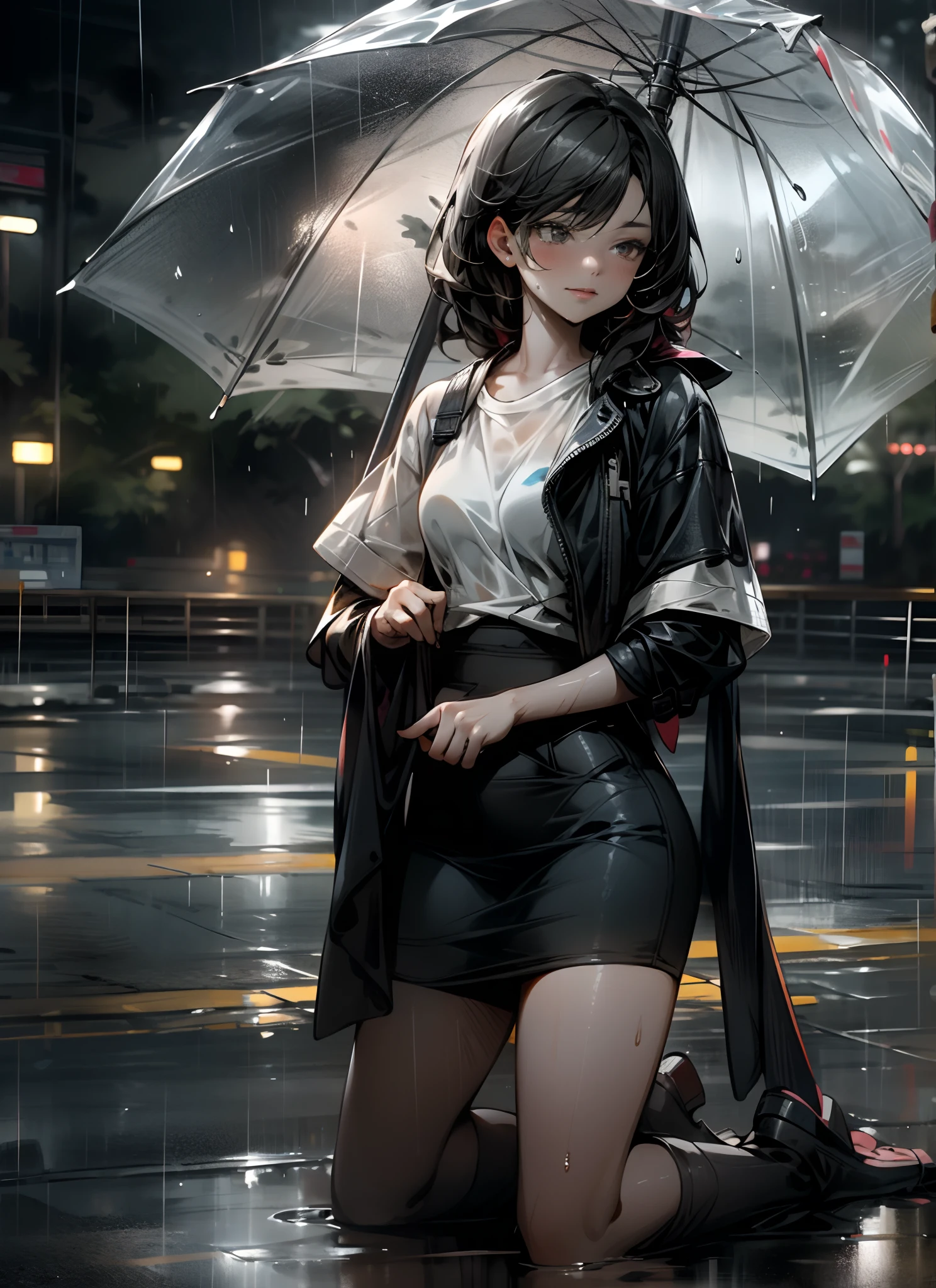 ((Realistic lighting, Best Quality, 8K, Masterpiece: 1.3)), Focus: 1.2, 1girl, Perfect Beauty: 1.4, Slim Abs: 1.1, (Big Breasts), (White Shirt: 1.4), (Outdoor, Night: 1.1), City Street, Super Fine Face, Fine Eyes, Double Eyelids, (Over the Knee Black Stockings: 1.5), (Wet in the Rain, Wet: 1.2) --auto