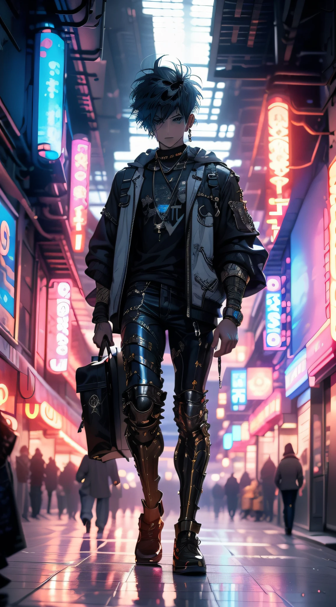 young boy in a cyberpunk city, fantasy material art, best quality, materpiece, 4k , hd , 8k , anime , fantasy game , fantasy style, final fantasy clothing, ultra-realistic, x-ray, sword accesories