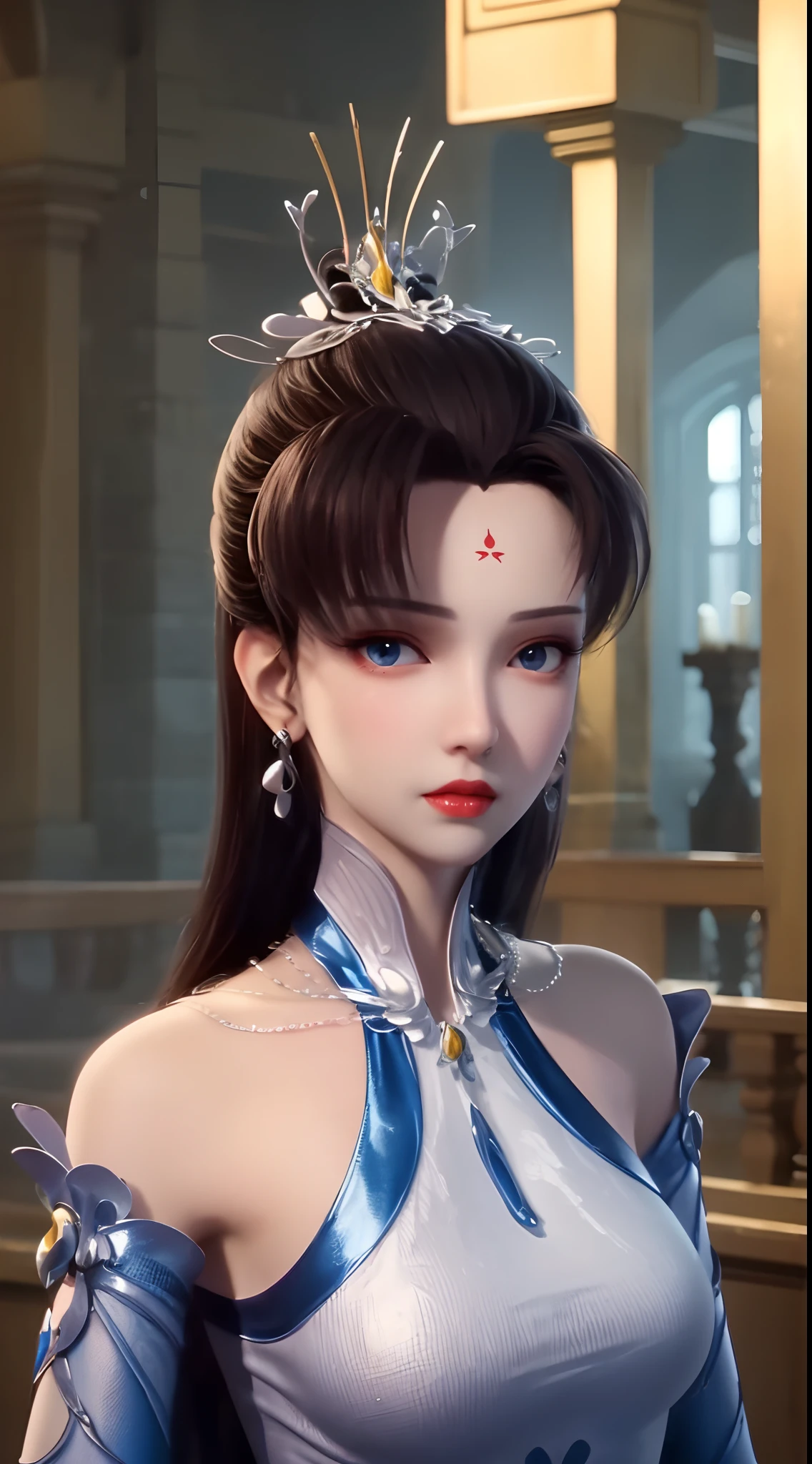"1 beautiful girl wearing a traditional costume, a long thin light blue dress made of meticulously made silk, deep slit shirt, long hair and silver bangs with a hint of light blue, the most beautiful and detailed hair jewelry, beautiful little face thin eyebrows, the most beautiful and spotless face, ((black iris:0.8)), the very beautiful eyes, big round eyes, ((blue color eyes:1.1)), fine and detailed makeup eyelashes, high nose, wearing earrings, small red lips, rosy face, clean face, beautiful face without blemish, smooth white skin, ((big breasts: 0.9)), Blums boobs, ((big and super round breasts:0.9)), ((super tight breasts:1.2)), ((breast augmentation: 0.8)), beautiful breasts, slim and petite body, ((thin waist: 0.9)), upper body of a beautiful girl, sexy girl, skirt, lace mesh socks to match the color of the outfit, fishnet stockings color coordinated according to the outfit, pose elegantly, elegantly, and politely, 8k photo, super high quality, super realistic, 10x super pixels, photo realistic, dark studio, border light, two tone light, (detailed skin high: 1.2), 8k uhd, dslr, soft light, high quality, volumetric light, candid, Photo, high resolution, light, best photo, 4k quality, 8k, Bokeh, Smooth and sharp, pixel up 10 times, lightning, super graphics, the most realistic graphics, (((Snowy background: 1.6))), 1 girl, alone, solo, ((frontal portrait:1.2)), Extremely sharp, super realistic images."