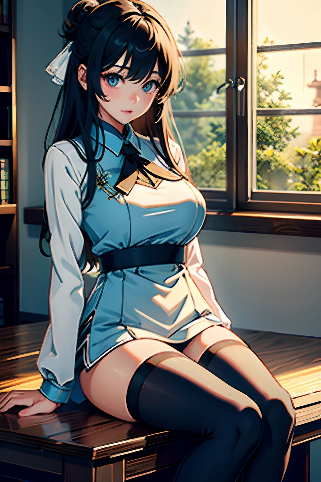 (the Extremely Detailed CG Unity 8K Wallpapers)、top-quality、独奏、1girl in、细致背景、beatiful detailed eyes、Bright pupils、(extremely delicate and beautiful)、(Beautiful and detailed eyes description)、ultra-detailliert、masterpiece、))、Colossal tits、atlibrary、Sitting、Stockings