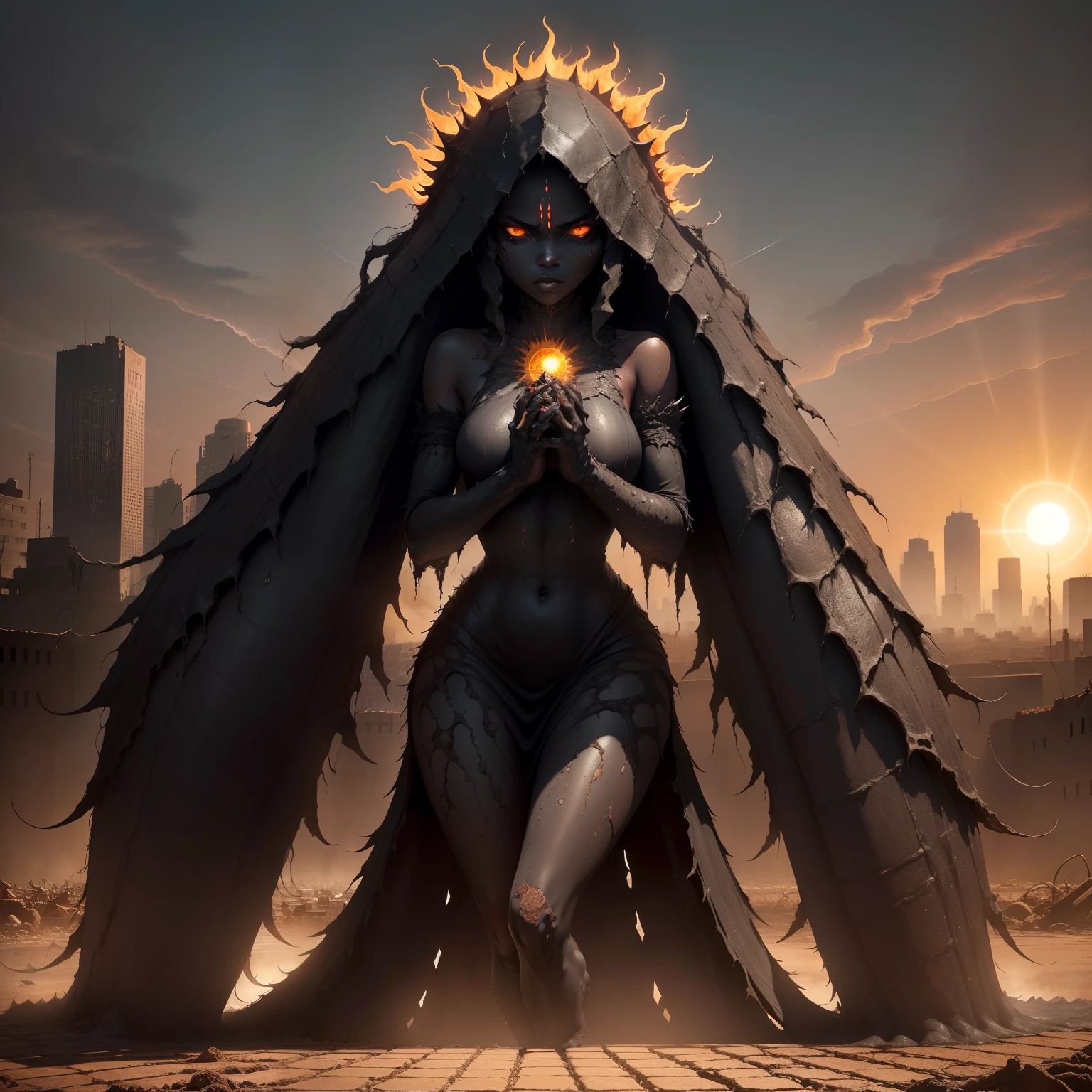 Illustration of a monster woman causing drought、A devil that combines creepiness and beauty、Atrocious、cruel、offensive、brutality、(ruthless look:1.5)、(Her skin is black:1.6)、Her body shines like the sun、
(Energy like the sun that caused the drought radiates from her hands:1.8)、(A city that dried up and dried up without rain:1.8)、
Destroyed cities and collapsed mountains々Background、Its presence depicts fear and confusion。、Full body