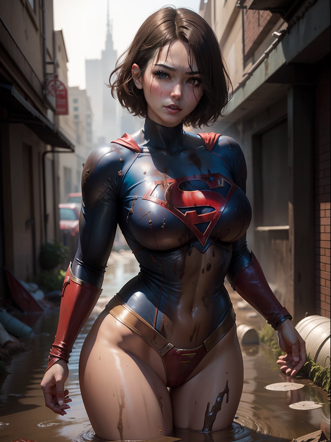 masterpiece、Short-haired Supergirl fell into the sewage、large full breasts、Looking at the camera、Glossy costume、Crotch、Mud stains、Covered in mud、wounded