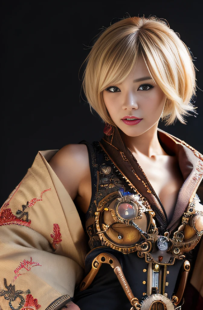 (masterpiece:1.2), ultra detailed, ultra high res, (realistic, photo realistic:1.37), high detail RAW color photo, professional photograph, an extremely delicate and beautiful, extremely detailed, 8k wallpaper, Amazing, finely detail, huge file size, extremely detailed beautiful girl, extremely detailed face, extremely detailed eyes, extremely detailed skin, extremely detailed fingers, extremely detailed nose, extremely detailed mouth, perfect anatomy, highly detailed background, (a famous actress of Japan:1.2), blond hair, shortcut hair, (gyaru:1.2), Dynamic lighting, (Steampunk:1.45), full body, (kimono with dragon embroidery:1.3), cowboy shot, black background, bare shoulders,