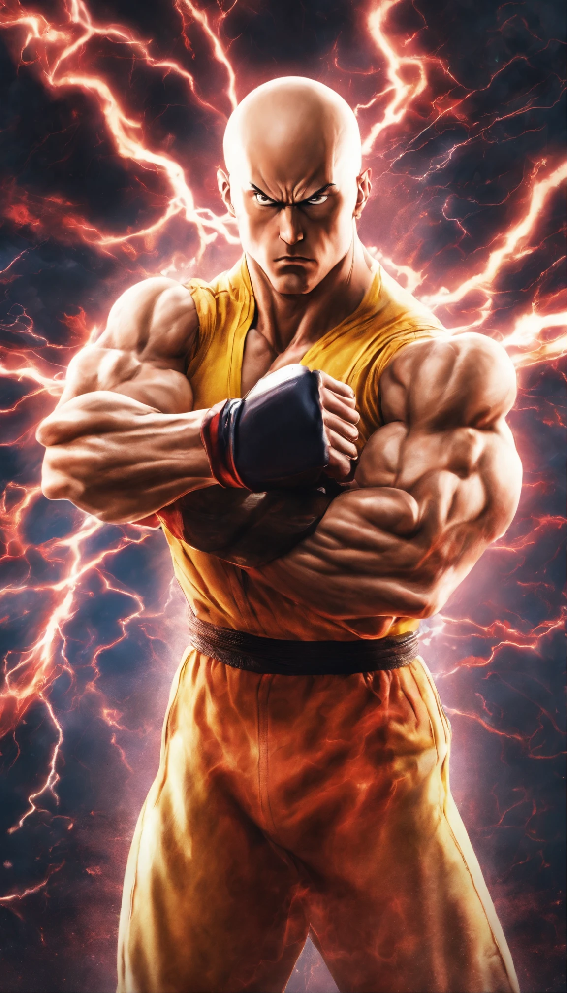 realistic 3d rendering of one punch man Saitama fused captain amerca, surrounded by lightning, big muscular, full body photography, hyperrealistic