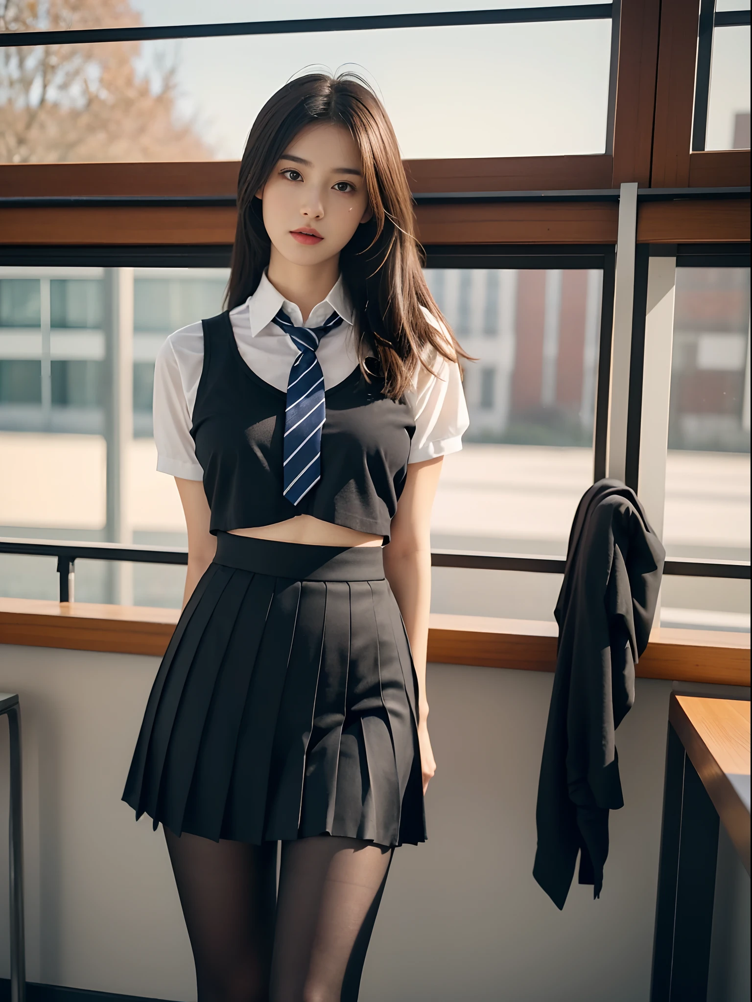 ((Full body photo)),best qualtiy, tmasterpiece, A high resolution,8K,(realisticlying:1.4),超A high resolution,1girll, ultra - detailed, hyper realisitc, highly detailed CGillustration, offcial art, cinematric light, Realistis, Young and beautiful girl, perfect body figure, perfect body figure, full pov, Perfect body, (Starting below:1.3), lewd poses, long sexy legs, Hosiery,self-assured, Beautiful Sexy, student school uniform,a blue tie,Bow knot, A-line cropped pleated skirt,Kurfo, S-shaped body, Upturned buttocks,posing on a,Pose,Different Perspectives