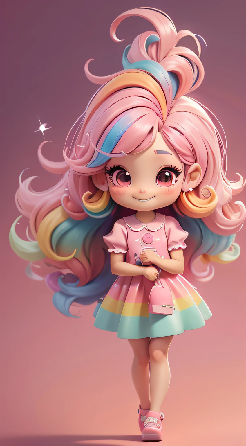 a chibi girl, pink dress, large hair, rainbow colors hair, flat shoes, pink hair bow, glitter, smile,