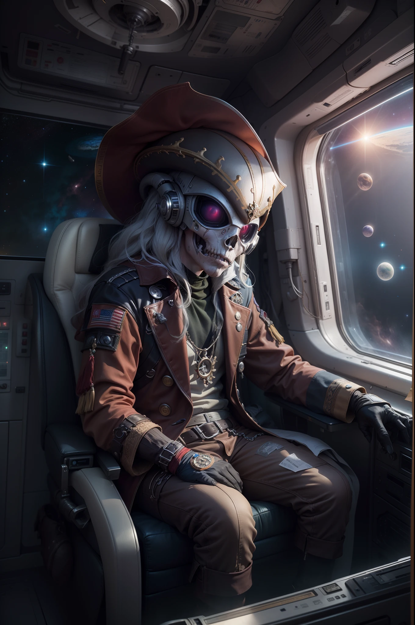 realistic photo of An alien wearing a pirate outfit and a pirate hat is sitting inside a spaceship in front of a window overlooking space photorealistic photorealism hyper realistic