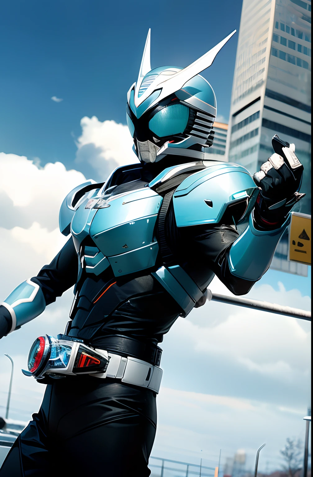 (8K,raw,proffesional,top-quality),(realisitic,Photorealsitic:1.2),Perfect Anatomy,(Highest Detail Face:1.2),Front lighting,Dark shadows threatened the city,Kamen Rider Shiden,Deep black and white silver metallic body,Wearing a transformation belt,Evil burning with blue flames,Defeat evil,intense fighting,Special Attack(absolute zero),Kamen Rider Illuminates the Darkness,White muffler fluttering in the wind,snow-white eyes