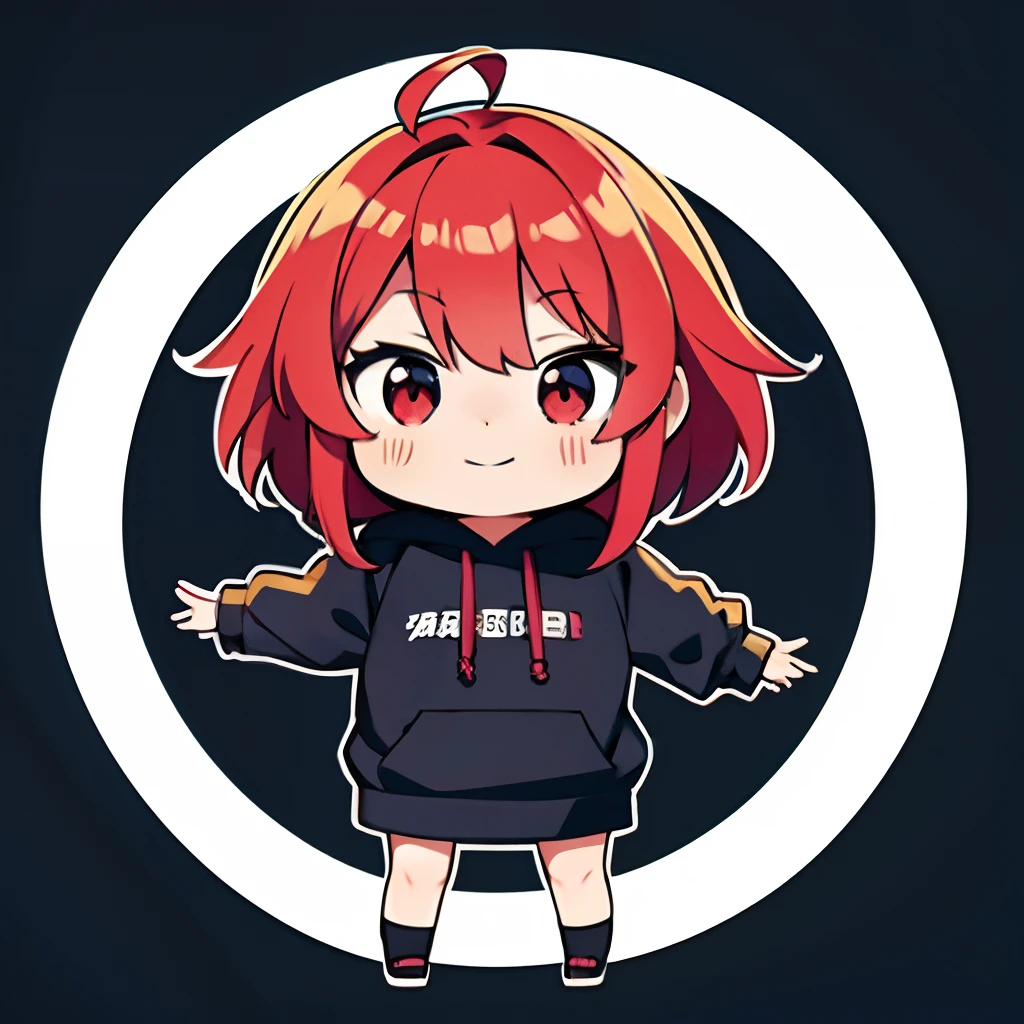 超A high resolution, nffsw, Best aesthetic, Top quality depiction of the foot,Surprised with open arms, Has iridescent hair, Red hair, Flat Avatar, Anime visuals of cute girls, Cute art style, Chibi, anime stylized, Shorthair, Ahoge, is shy, A smile, Peony hair ornament, simple background, 耳环, jewely, side locks, large oval red eyes,Chibi、Chibi、Wearing a hoodie