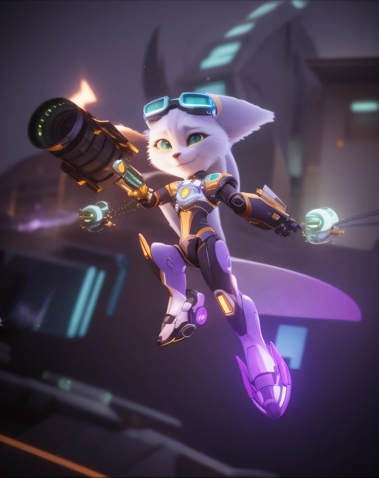 a close up of a cartoon character flying through the air, small character. unreal engine 5, rendered in redshift, unreal 5 engine highlly render, ratchet and clank, unreal engine character art, cyborg kitten, fantasy style 8 k octane render, rendered in unreal 5, (octane render) fantasy style, octane render godrays, octane highly render