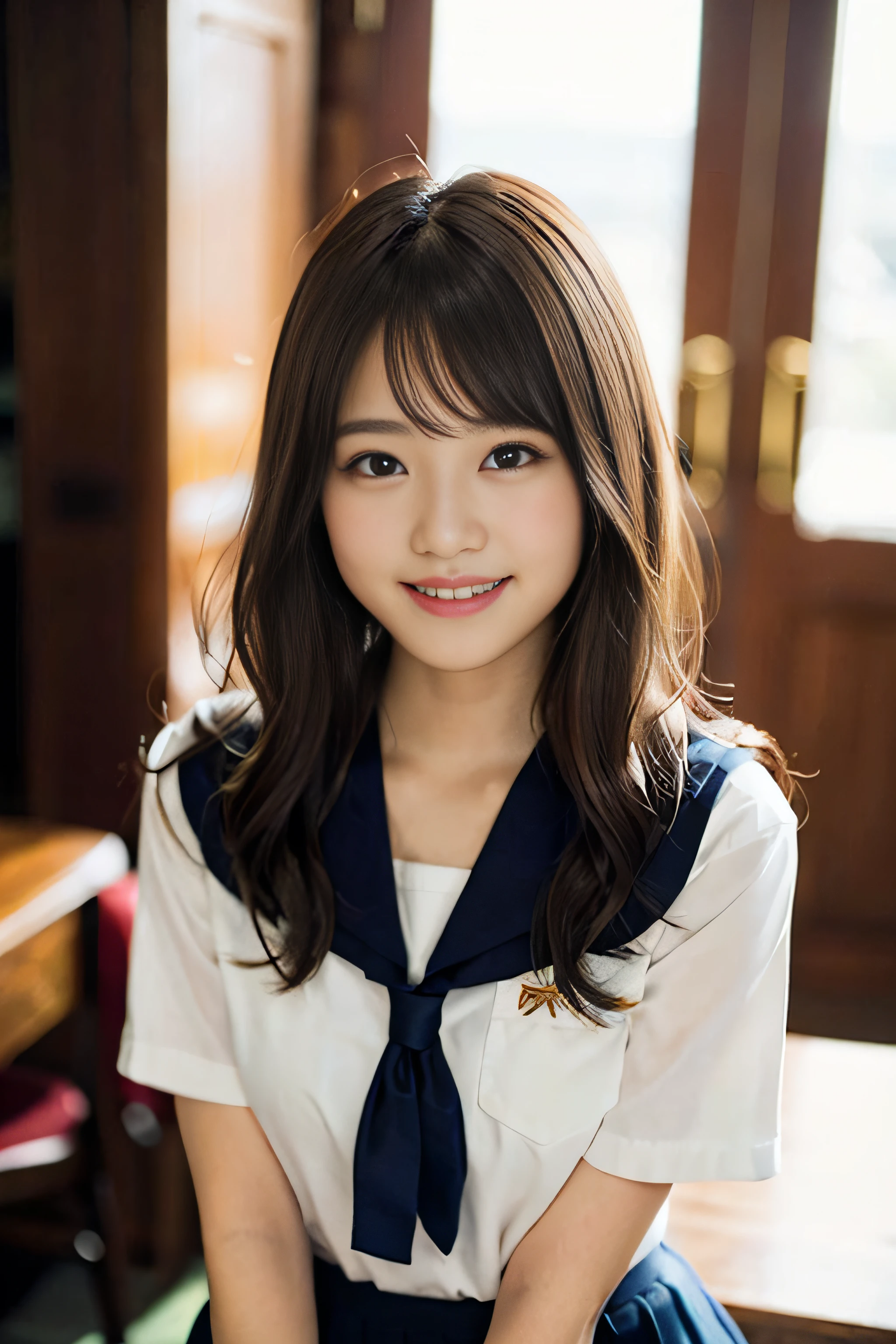 (8K、Raw photography、top-quality、masterpiece:1.2)、(realisitic、Photorealsitic:1.37)、ultra-detailliert、超A high resolution、女の子1人、see the beholder、beautifull detailed face、A smile、Constriction、(Slim waist) :1.3)、Beautiful detailed skin、Skin Texture、Floating hair、Professional Lighting、Whole human body、Longhaire、a blond、japanese hight school uniform、a sailor suit、Bob Hair、dress room、classmate、Happy smile、、During sex、Cowgirl、Face of pleasure
