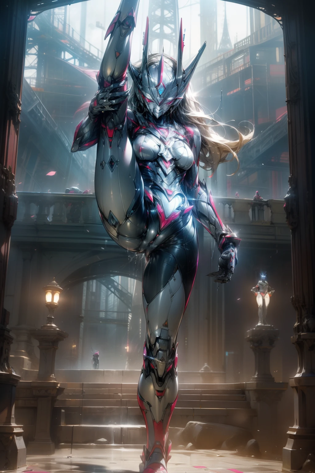 （masterpiece、8K、Ultra-delicate、hight resolution），(((Female Ultraman)))，(((No muscles，large Boob)))，(her head is tapering,The body is made of red and silver，pink armor,The arms present a streamlined design，On the chest there is a round calculator，Looks tall and thin，The overall shape is streamlined、Modern)，posed for photo，high-angle，city ruins，backgroung details，（（（full body Esbian））），独奏，(((Huge feeling))),NSFW,Cameltoe,(Dynamic victory Pose:1.2),from below,groin focus,the morning sun,(Erect clitoris:1.3),((Open pussy:1.5)),((wet pussy:1.2)),(long silver hair:1.1),red blush,smile、Attaching a cloak,(after sex:1.2),detailed legs, flexible, (standing on one leg:1.2), (standing split:1.3), muscular, hand holding one leg up