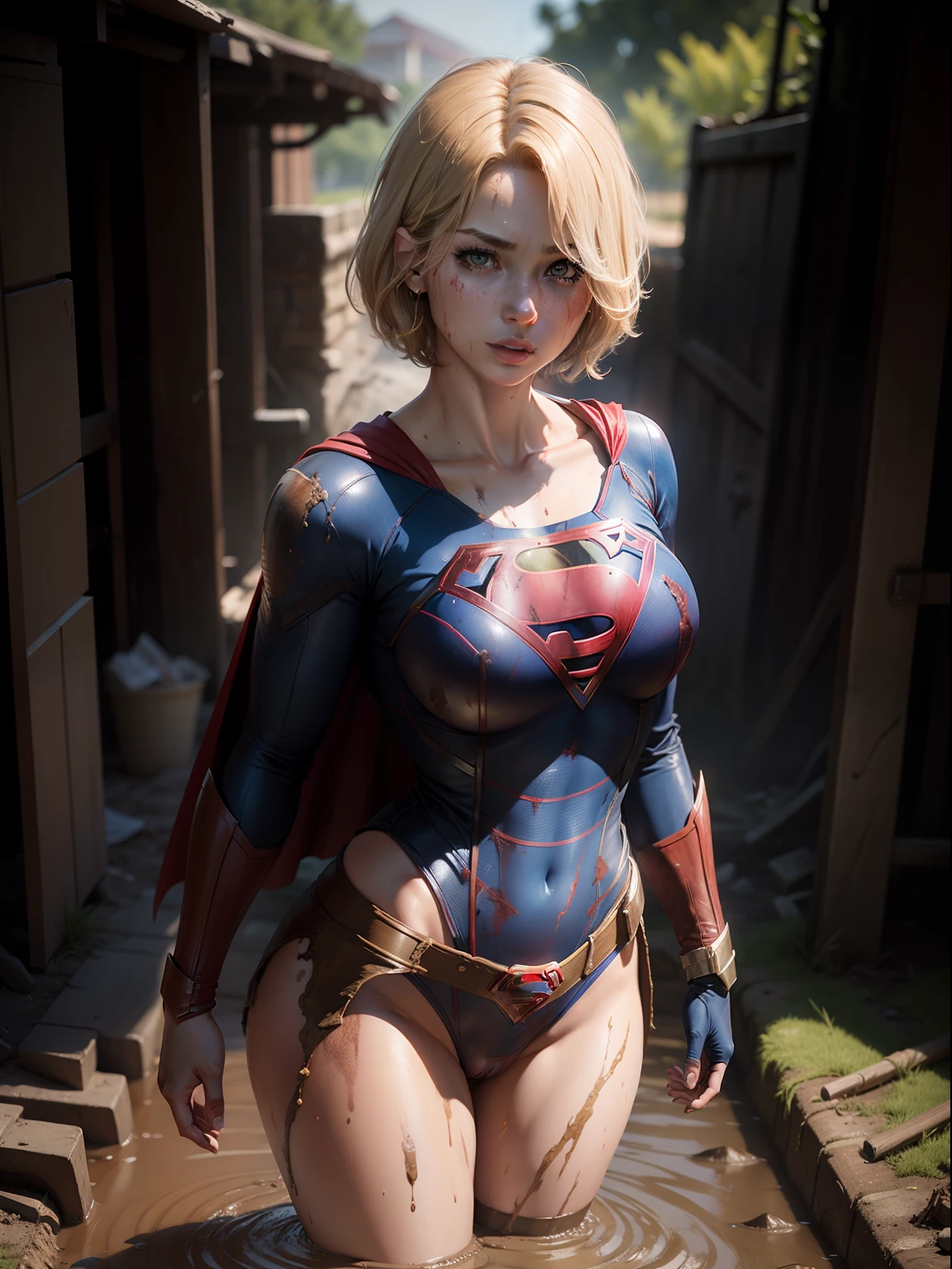 ​masterpiece、Short-haired Supergirl fell into a quagmire、large full breasts、Looking at the camera、Glossy costume、Crotch、Mud stains、Covered in mud、wounded