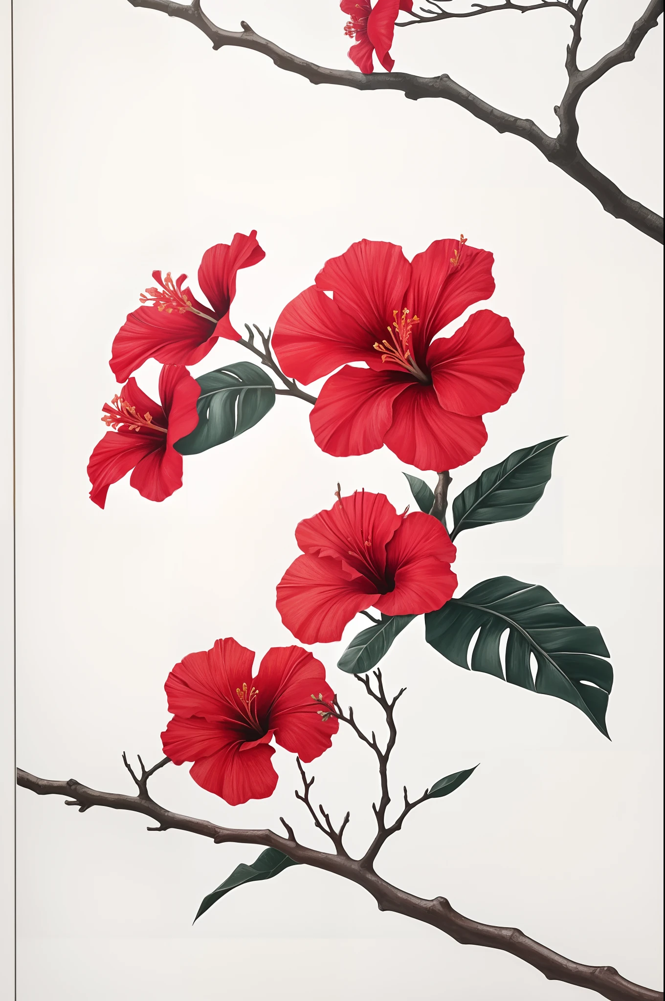 Hibiscus flower blooming on a twisted branch against a white background, detailed background flowers, modern-style colors, minimalist images, photographic installations, paleocore, hyper-realistic poetic intimacy, centralized, detailed painting style