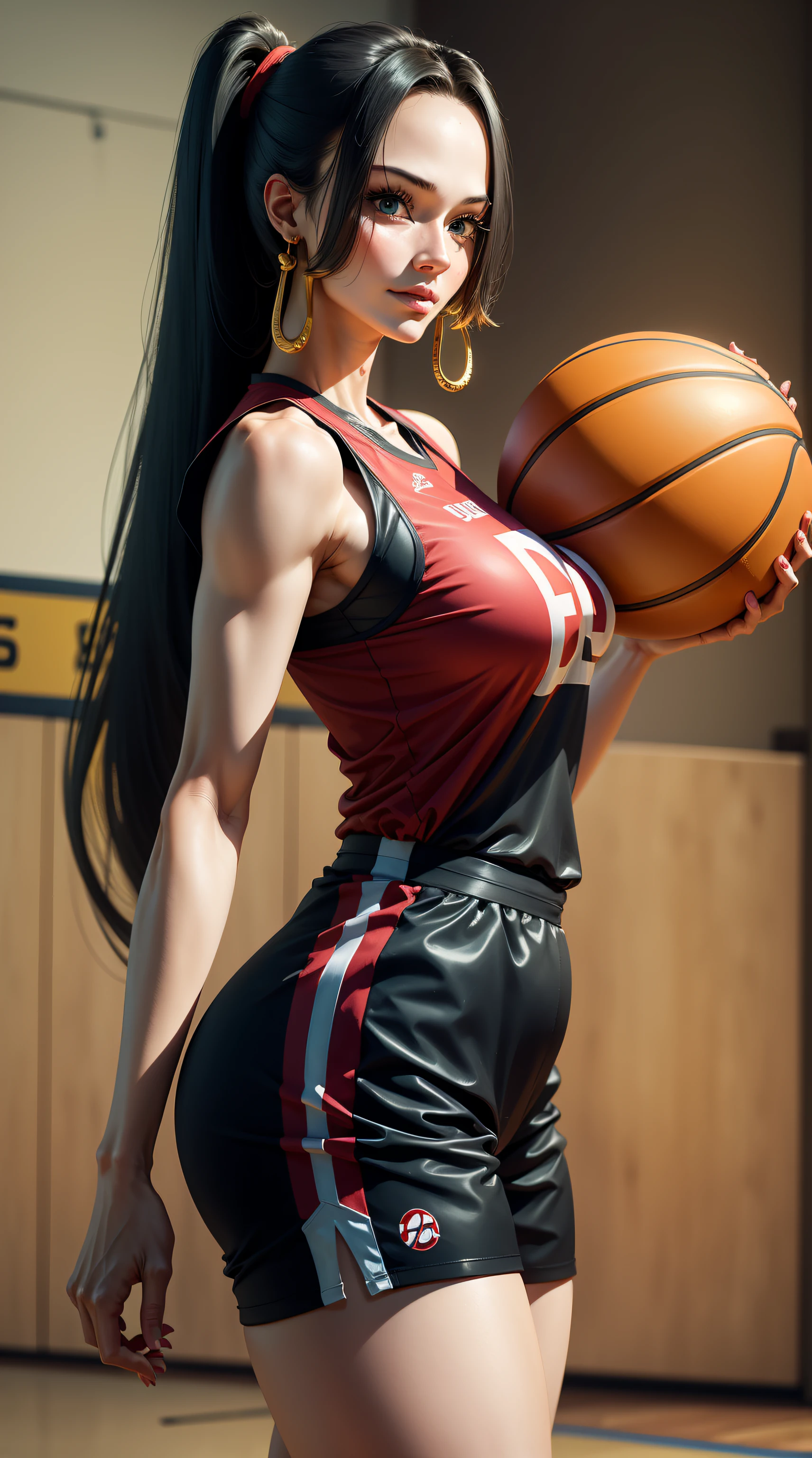 hancock1, boa hancock, from anmie one piece, long hair, black hair, bangs, ponytail, beautiful, beautiful woman, perfect body, perfect breasts, wearing a basketball jersey, on the basketball court, holding a basketball, basketball hoop, looking at the viewer, slightly smiling, realism, masterpiece, textured skin, super detailed, high detail, high quality, best quality, 1080p, 16k