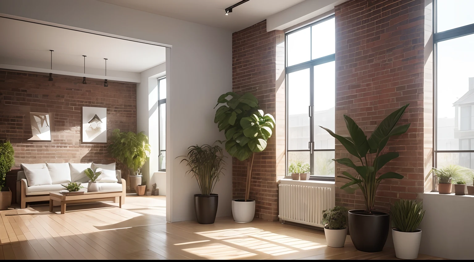 ((photo realistic)), ((interior design)), ((modern)) and ((ecological)), ((moodboard)), ((architecture photography)), dynamic perspective, dynamic angle, natural lighting&gt;artificial lighting , some plants, ((wooden furniture:1.2|\[metal furniture\]:0.8)), ((brick wall:1.1),(white wall),(lots of natural light)), spacious living area , earthy colors, ((no people)), just furniture and plants.