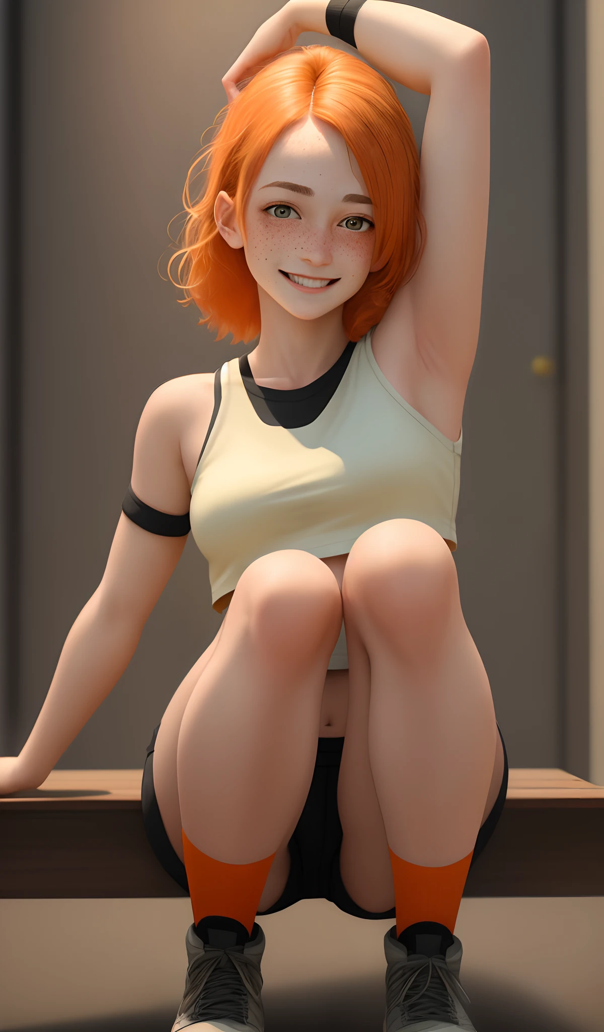 (Best quality, masterpiece) 1 woman. 24 years old. Orange hair. Freckles. Crop top with pme shoulder visible. Knee high socks. Stretching. Happy.
