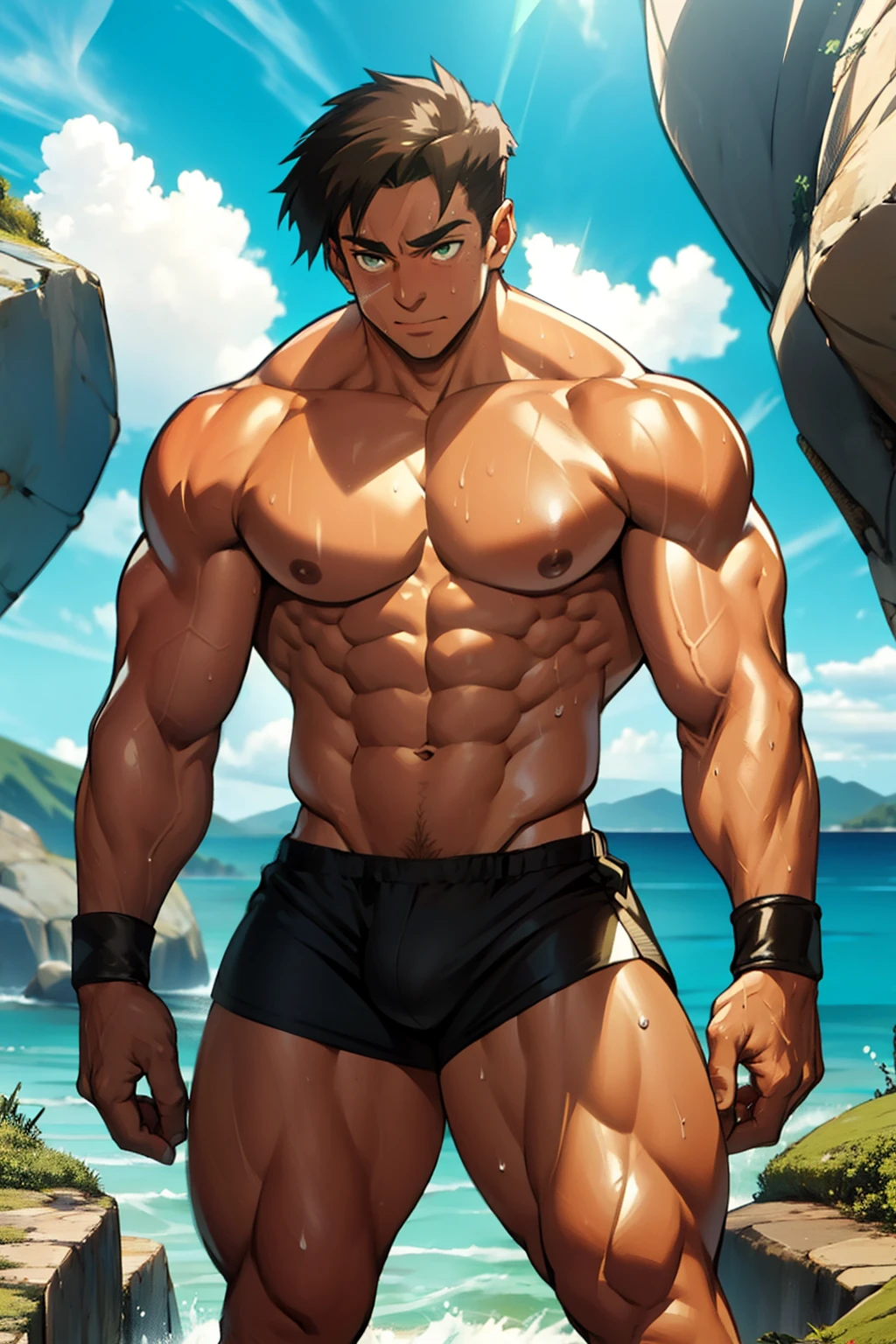 ( Huge and muscular thigh muscles) lots of sweat flowing down, topless, sunny, shiny skin, tanned skin,bodybuilder, huge body,huge, sexy muscular body,super giant body, muscles exploding and muscular,huge, muscular chest muscles, huge, muscular biceps
