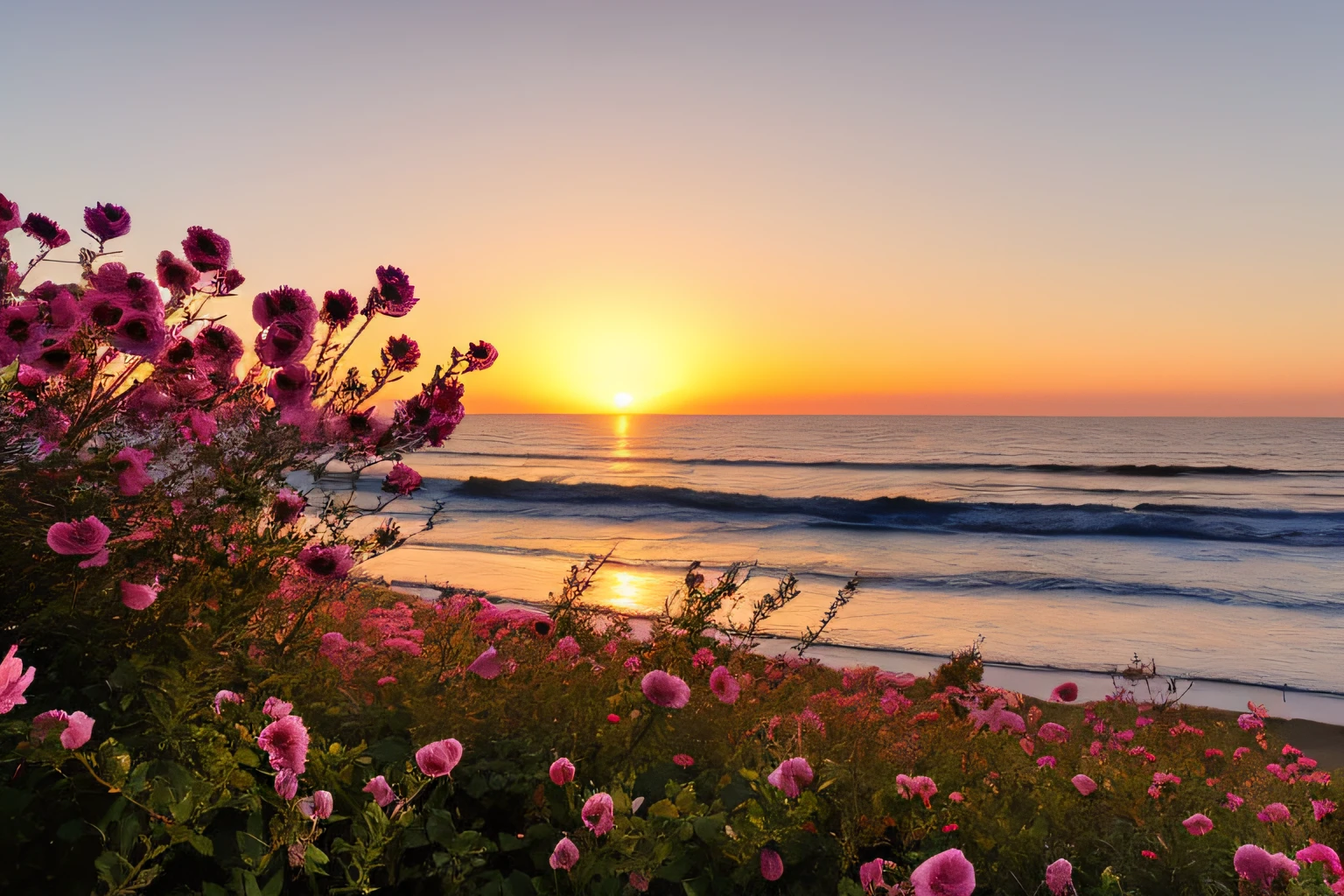 Ocean waves, coucher du soleil, buisson, ciel rose, fleurs,