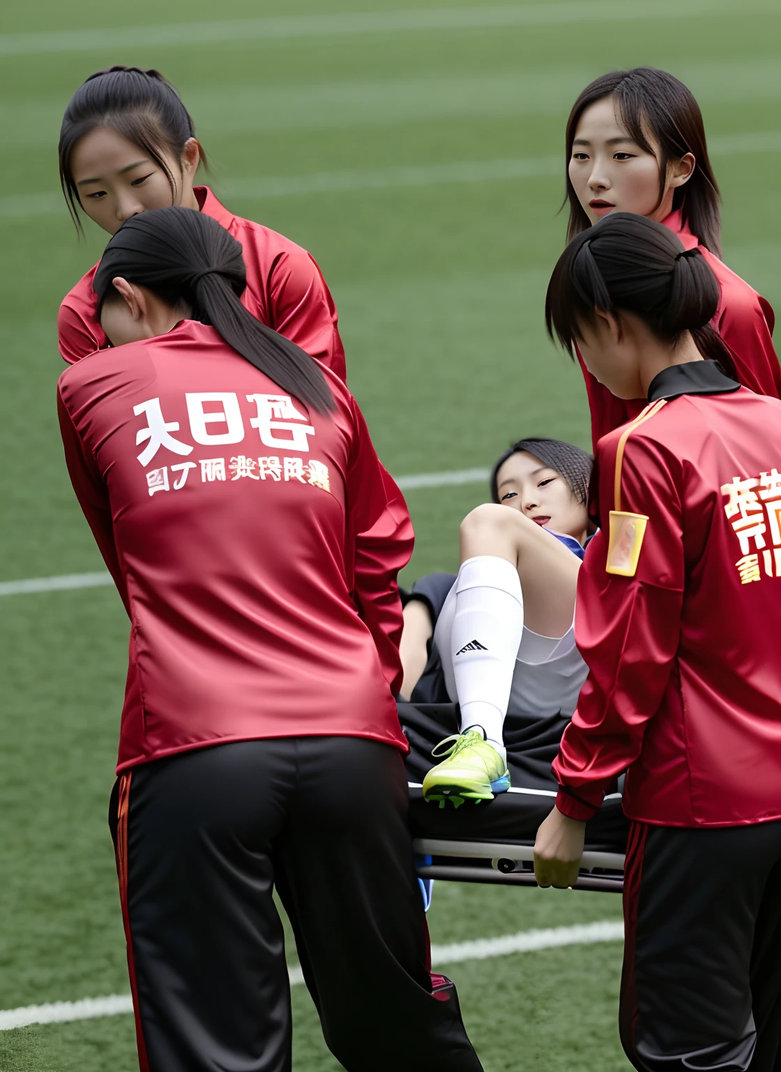 Four very worried looking chinese girls carry a stretcher between them, Two male legs and two soccer shoes look forward out of the tarpaulin, four very worried looking chinese girls carry a short-haired male footballer away from us with the help of a stretcher, on the stretcher lies an injured and unconscious male footballer with short hair and matte sports clothing, the matte t-shirt and the pain-distorted face of the injured athlete protrude over the upper part of the stretcher, Four very worried looking chinese girls transporting an injured male footballer on a stretcher, Four very worried looking chinese girlsn with shiny uniform-jackets are standing in a filled football stadium, Four very worried looking chinese girls are seen from behind in shiny jackets, Four very worried looking chinese girls are holding a stretcher in the middle of them, Four chinese girls are going along, The stretcher that they are carrying in the midle of them ranfrom us, in the stretcher lies an injured and unconscious male footballer with short hair and matt sports clothing, the matte t-shirt and the pain-distorted face of the injured athlete protrude over the upper part of the stretchern, Two male legs and two soccer shoes look forward out of the stretcher
