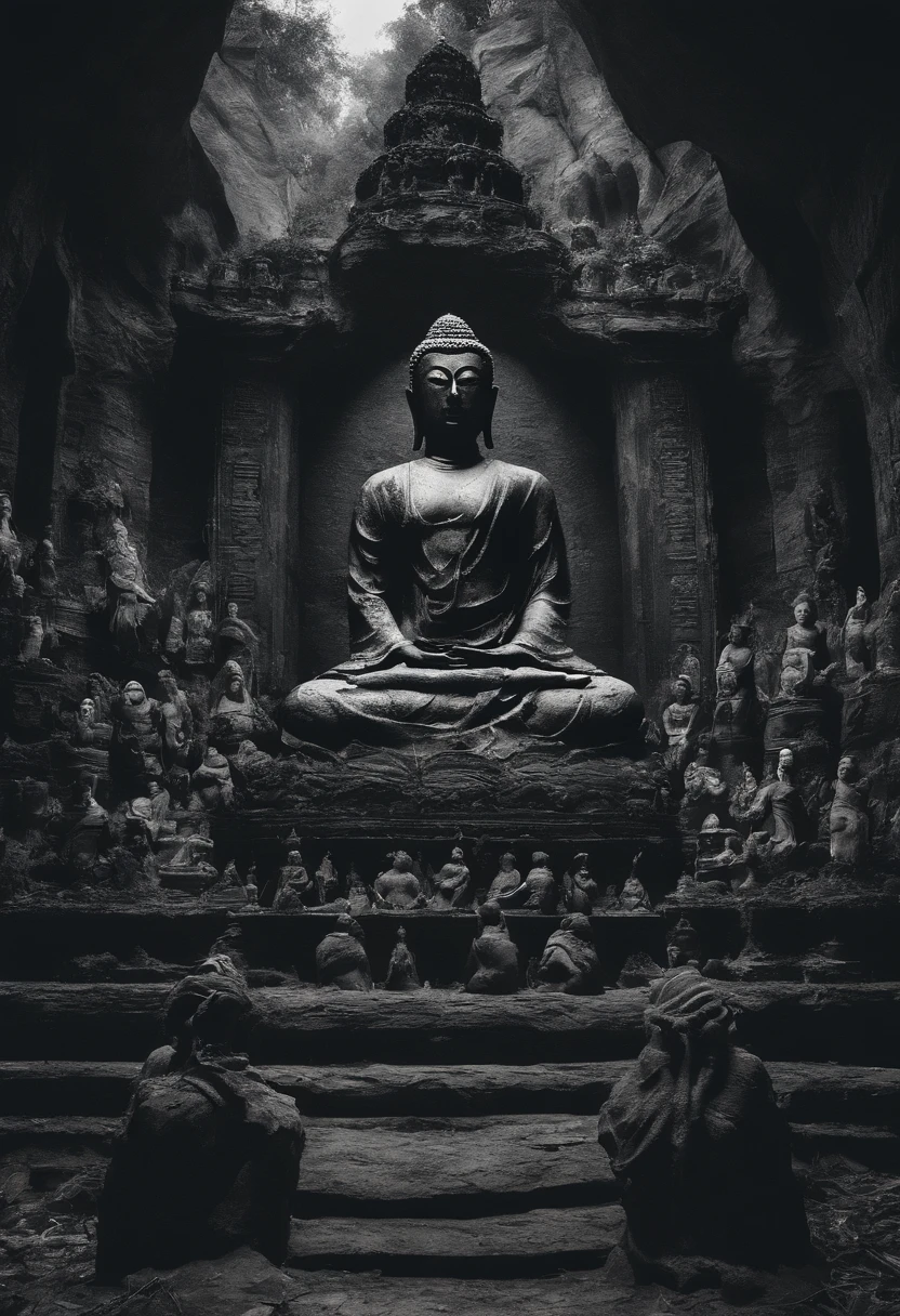 Buddha statues surrounded by other statues in a dark cave, a Buddhist Buddha, Buddhist, Buddha, samsara, Buddhism, black lotus, 4K Art, the god emperor of mankind, bodhisattva, black rock statue material, 4k artwork, nirvana, god of the underworld, author:Shen Zhou, puṣkaracūḍa,The road is covered with the bodies of pilgrims