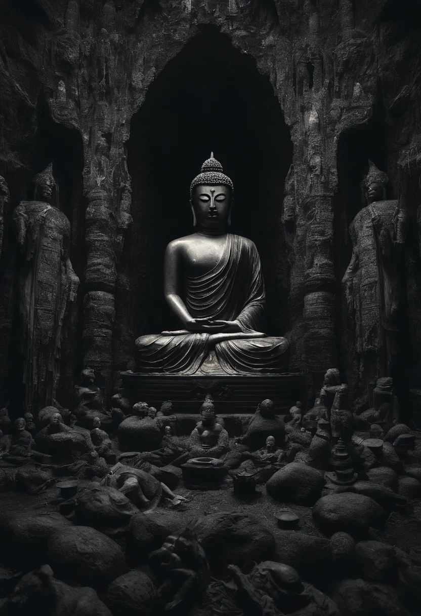 Buddha statues surrounded by other statues in a dark cave, a Buddhist Buddha, Buddhist, Buddha, samsara, Buddhism, black lotus, 4K Art, the god emperor of mankind, bodhisattva, black rock statue material, 4k artwork, nirvana, god of the underworld, author:Shen Zhou, puṣkaracūḍa,The road is covered with the dead bodies of pilgrims