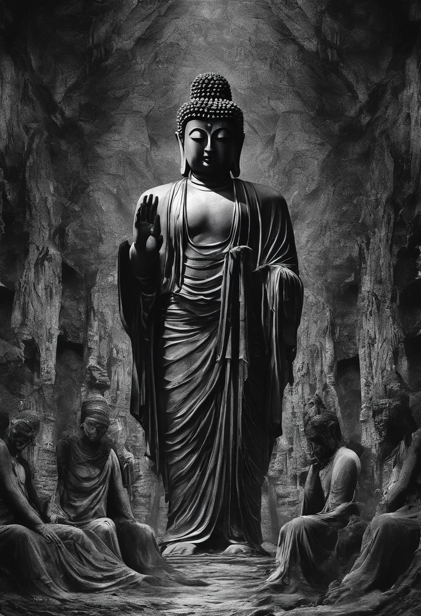 Buddha statues surrounded by other statues in a dark cave, a Buddhist Buddha, Buddhist, Buddha, samsara, Buddhism, black lotus, 4K Art, the god emperor of mankind, bodhisattva, black rock statue material, 4k artwork, nirvana, god of the underworld, author:Shen Zhou, puṣkaracūḍa,The road is covered with the bodies of pilgrims