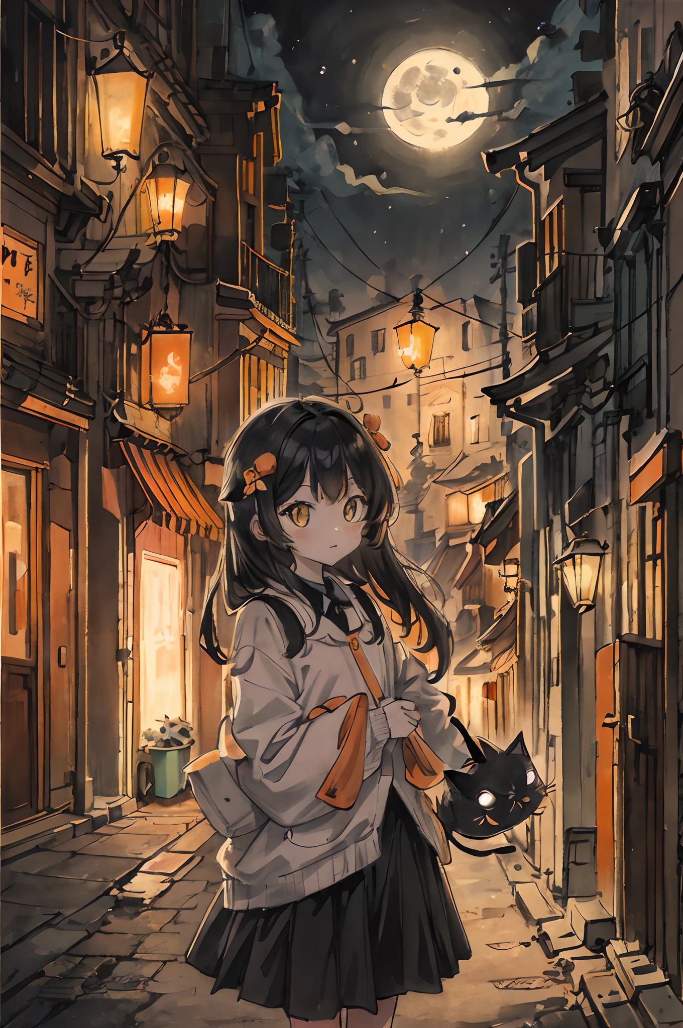 cat,Orange,Cute,Big eyes,Masterpiece,full moon,alley