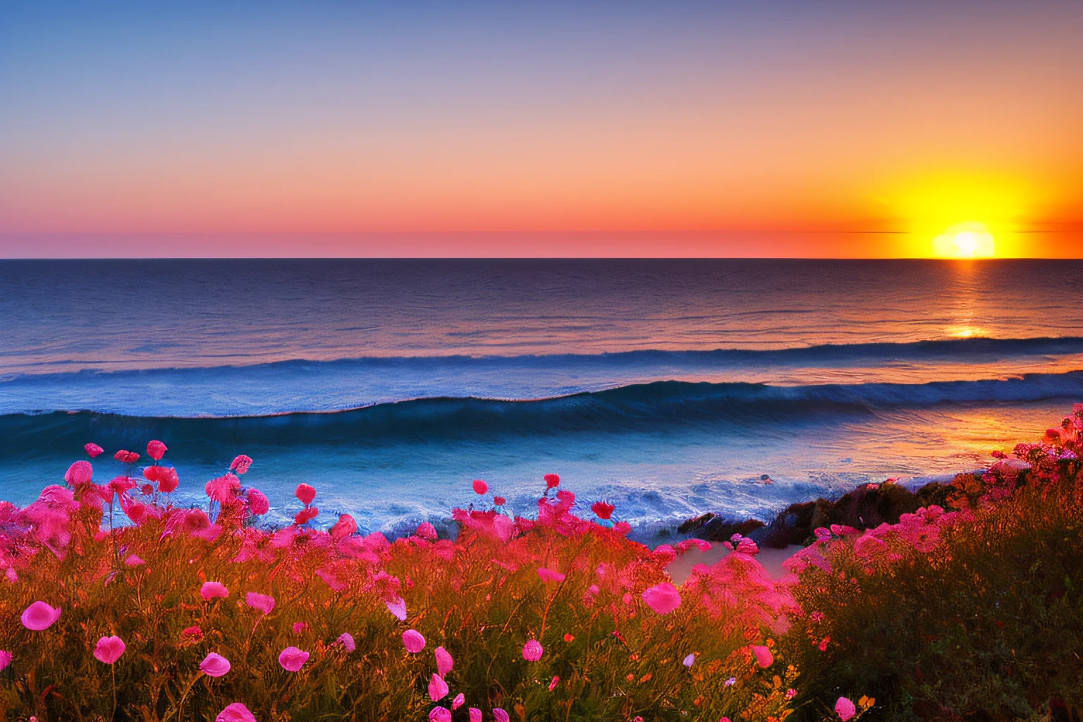 Ocean waves, coucher du soleil, buisson, ciel rose, fleurs,