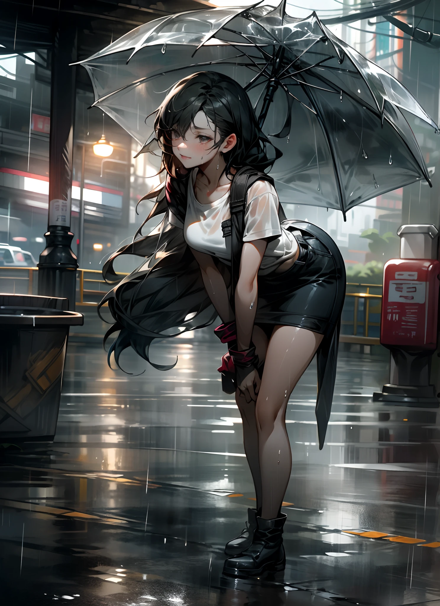 Woman kneeling on the ground in the rain, It just rained, After the rain, Soaked, Drenched Body, wet tshirt, after rainny, Wet shirt, pretty girl standing in the rain, high definition cgsociety, Guviz, korean women's fashion model, after rain and no girls, wash off in the rain, Wet look, ff Tifa