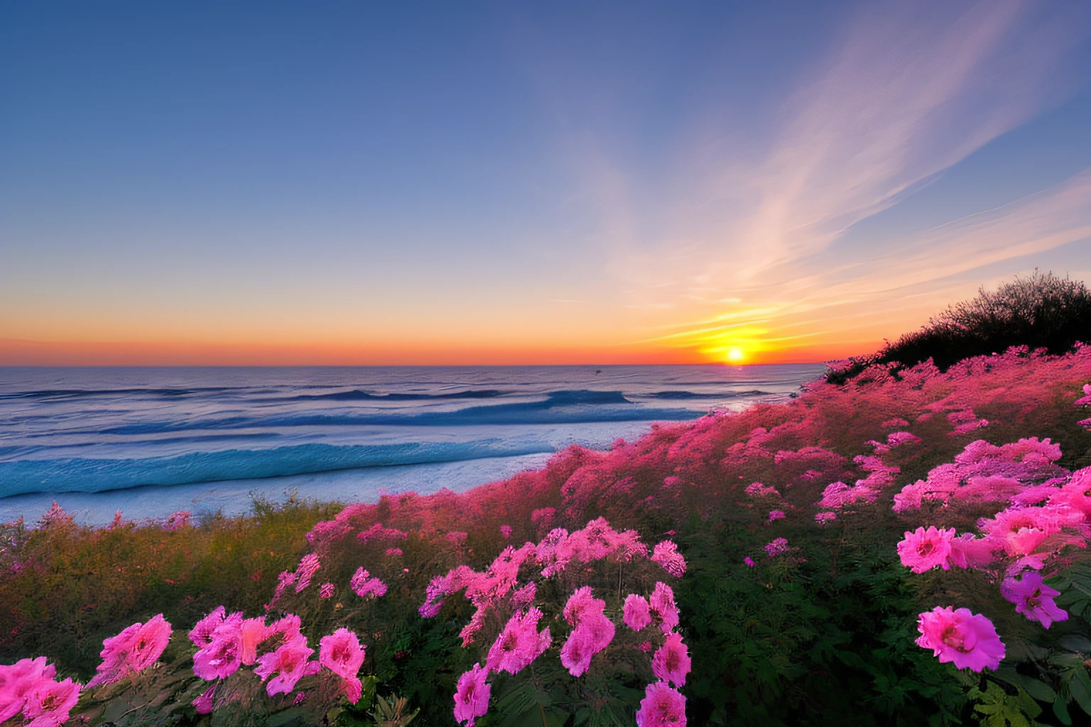 Ocean waves, coucher du soleil, buisson, ciel rose, fleurs,