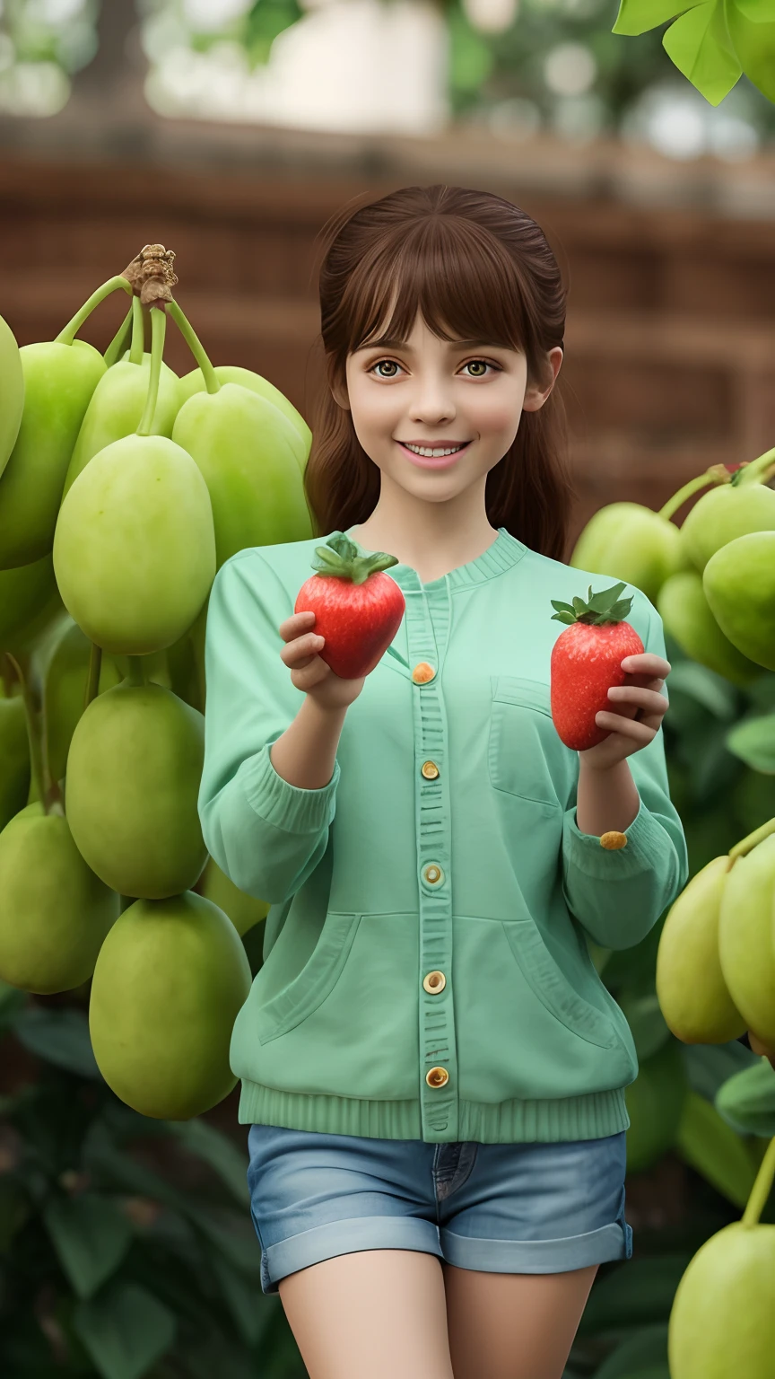 (master part, Premiado, best quality, high resolution) 3 d illustration, 1 garoto bem peludo bonito, usando uma roupa, deitado em um leito de frutas suculentas e maduras, cercado por um colorido jardim de frutas.