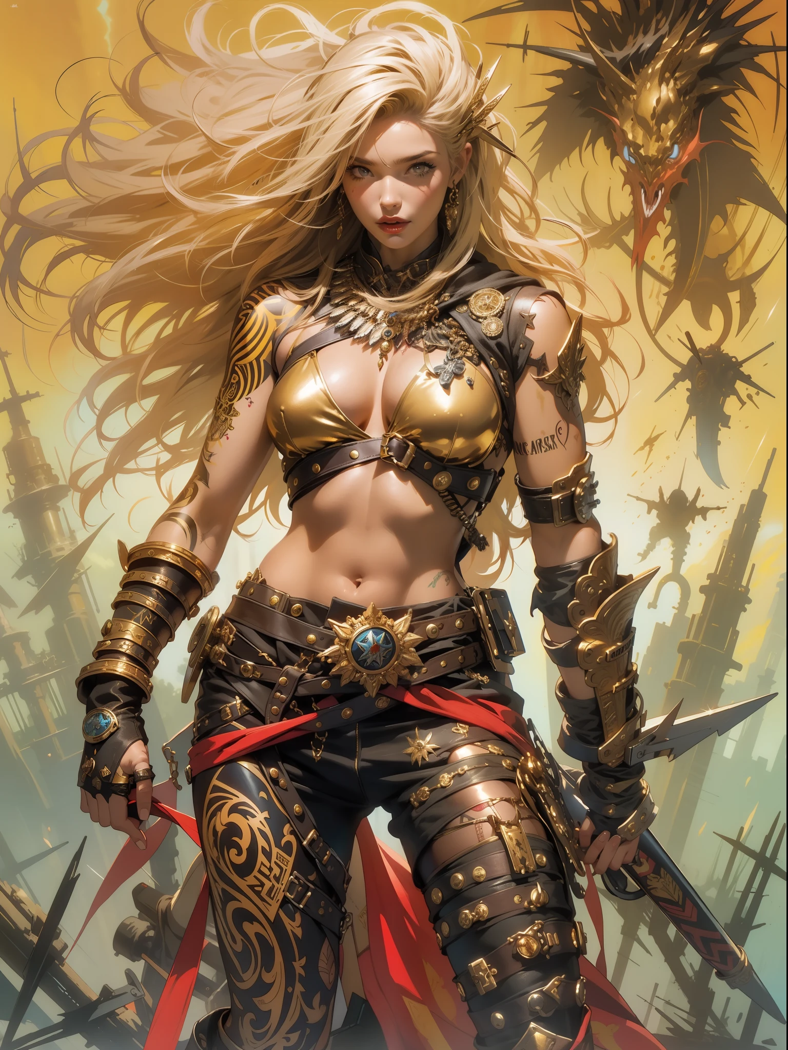 (((woman))), (((best qualityer))), (((tmasterpiece))), (((AS-Adult))), A 35-year-old female warrior with a perfect body, Brooklyn gladiolus, (( nedium breasts )), Simon Bisley, Almost naked(Simon Bisley)Urban savage style《heavy metal》MagazineCover, blond hairbl, Minimum clothing, em cor azul escuro,Lightning gold and red and gold patterns, armure, Full of tips and rivets, tribal tattoos, (((From the knee up))), (((whaite hair)))