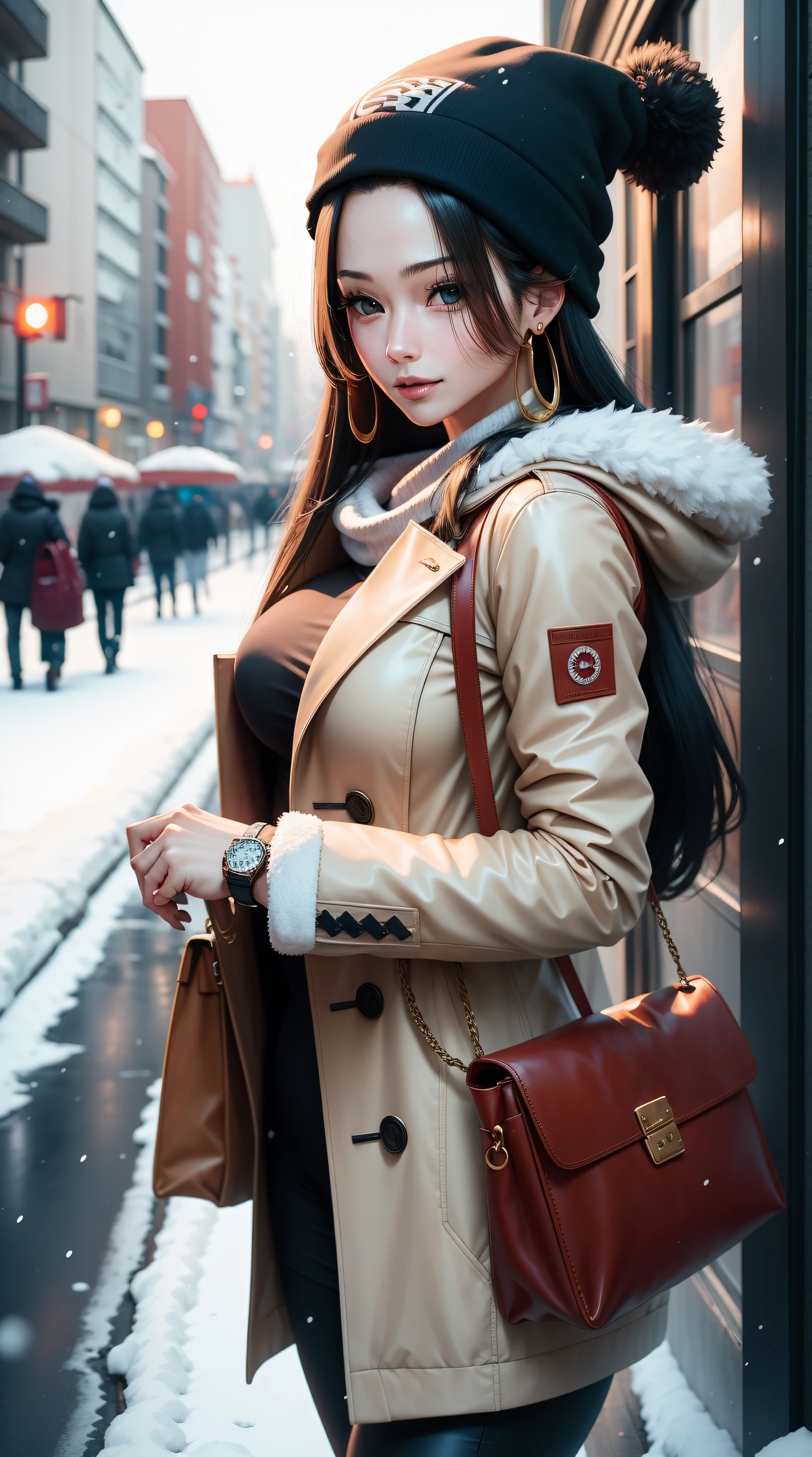 hancock1, boa hancock, from anmie one piece, long hair, black hair, bangs, beautiful, beautiful woman, perfect body, perfect breasts, wearing a beanie, wearing a winter jacket, wearing a duffle coat, carrying a bag, wearing a watch, wearing earrings, in public, creatures in tokyo city, being on the street, snow on the street, it's snowing, looking at the viewer, a slight smile, realism, masterpiece, textured leather, super detailed, high detail, high quality, best quality, 1080p, 16k