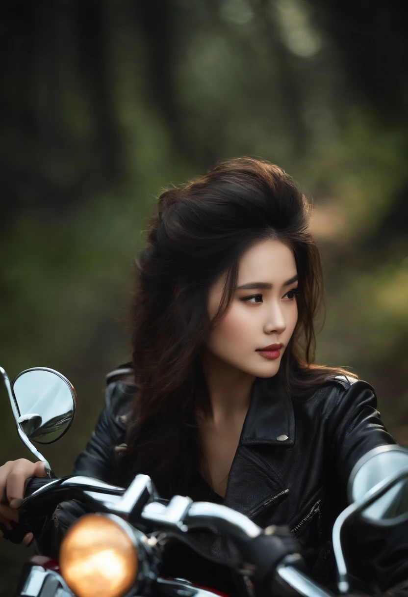 a girl driving classic motorbike, personality, long hair, full scene shot, best quality, mountain with cloudy, forest in down side of moutain, windy, cute girl, out door scene, dark brown hair, natural view, Delicate face, Pretty Face, Highly detailed face and skin texture, Detailed eyes, Double eyelid, Full body, asian girl, 24 year old female model, Octane Render,Two-tone lighting,Wide aperture,Low ISO,White Balance, driving the classic motorbike, landscape
