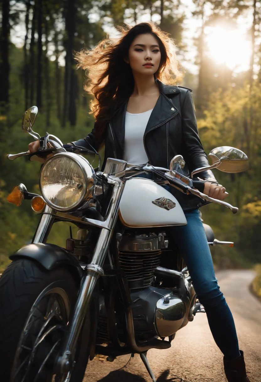 a girl driving classic motorbike, personality, long hair, full scene shot, best quality, mountain with cloudy, forest in down side of moutain, windy, cute girl, out door scene, dark brown hair, natural view, Delicate face, Pretty Face, Highly detailed face and skin texture, Detailed eyes, Double eyelid, Full body, asian girl, 24 year old female model, Octane Render,Two-tone lighting,Wide aperture,Low ISO,White Balance, driving the classic motorbike, landscape