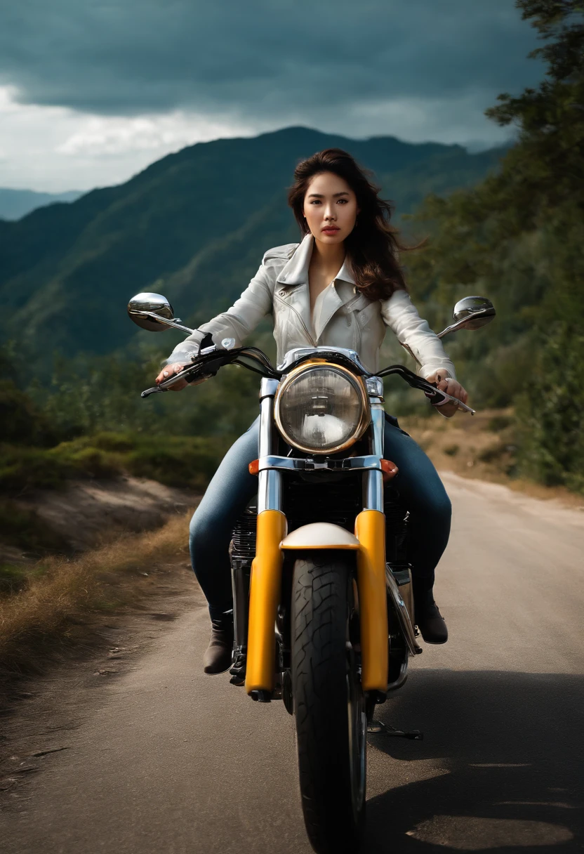 a girl driving classic motorbike, personality, long hair, full scene shot, best quality, mountain with cloudy, forest in down side of moutain, windy, cute girl, out door scene, dark brown hair, natural view, Delicate face, Pretty Face, Highly detailed face and skin texture, Detailed eyes, Double eyelid, Full body, asian girl, 24 year old female model, Octane Render,Two-tone lighting,Wide aperture,Low ISO,White Balance, driving the classic motorbike, landscape