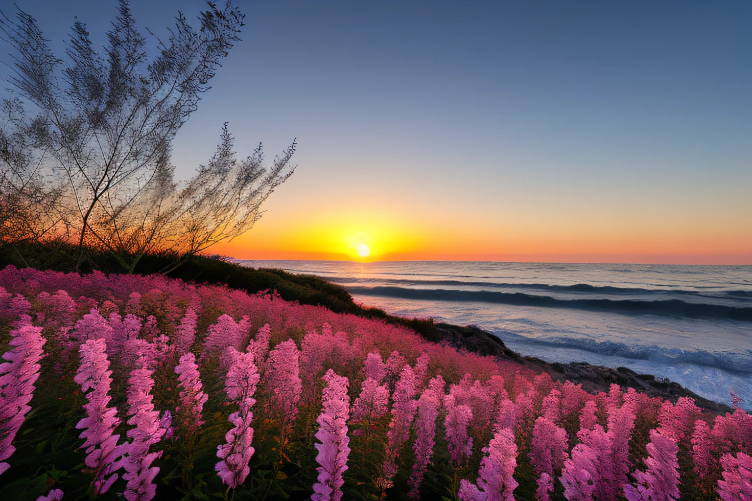 Ocean waves, coucher du soleil, buisson, ciel rose, fleurs,